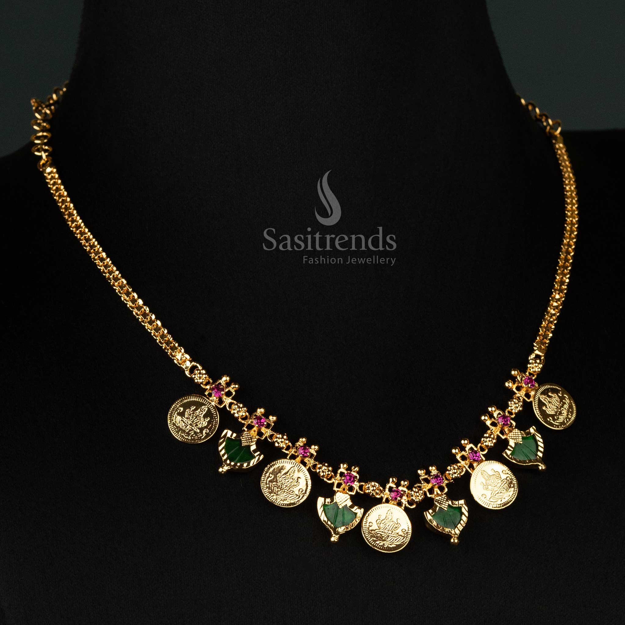 Stunning Kerala Traditional Micro Gold Plated 5 Lakshmi Coin & 4 Katta Palakka Necklace - Sasitrends - Image 4