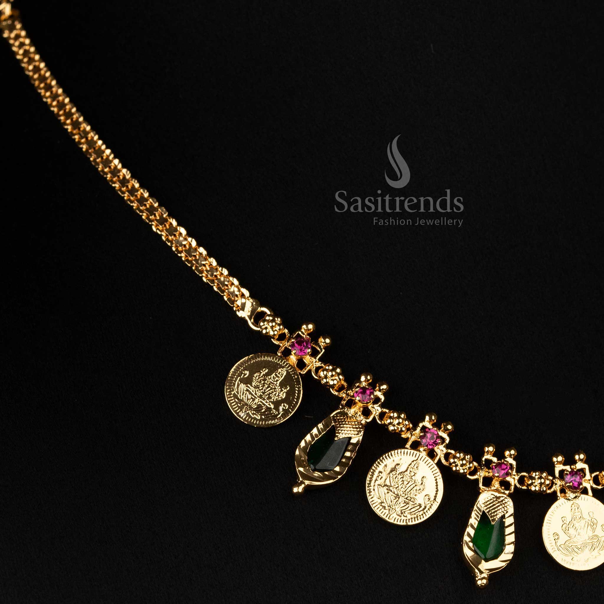Stunning Kerala Traditional Micro Gold Plated 5 Lakshmi Coin & 4 Katta Palakka Necklace - Sasitrends - Image 5