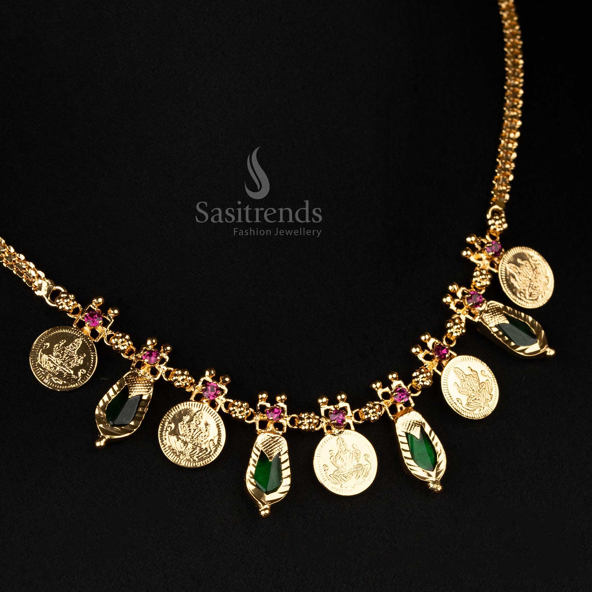 Stunning Kerala Traditional Micro Gold Plated 5 Lakshmi Coin & 4 Katta Palakka Necklace - Sasitrends - Image 6