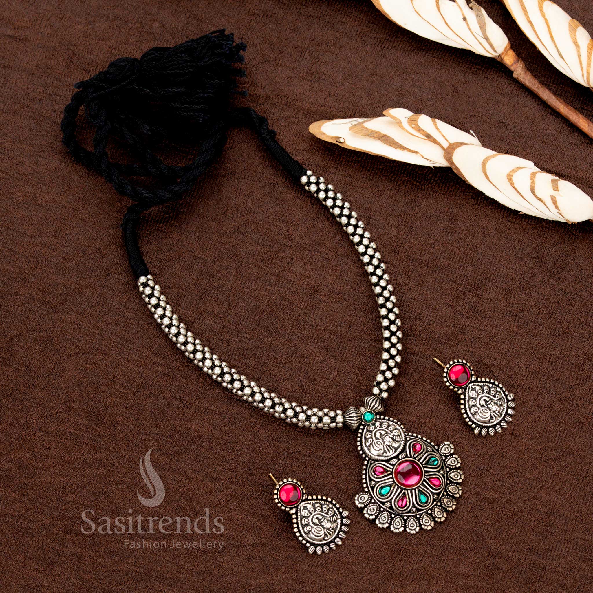 Stunning Kolapuri Oxidised Lakshmi Style Floral Pendant Necklace Jewellery Set with Double Strand Beads – Navarathri and Saree Wear - Sasitrends