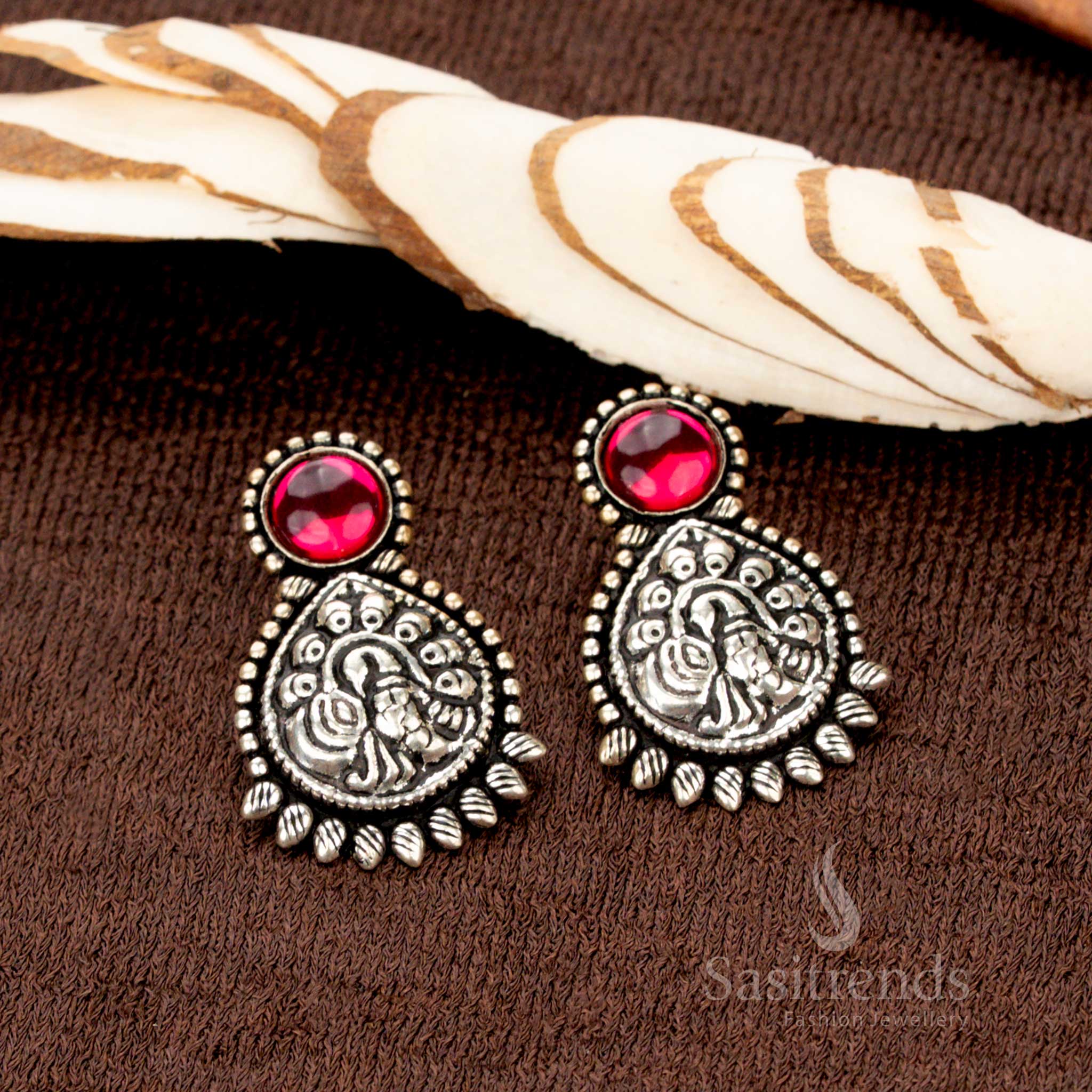 Stunning Kolapuri Oxidised Lakshmi Style Floral Pendant Necklace Jewellery Set with Double Strand Beads – Navarathri and Saree Wear - Sasitrends - Image 3