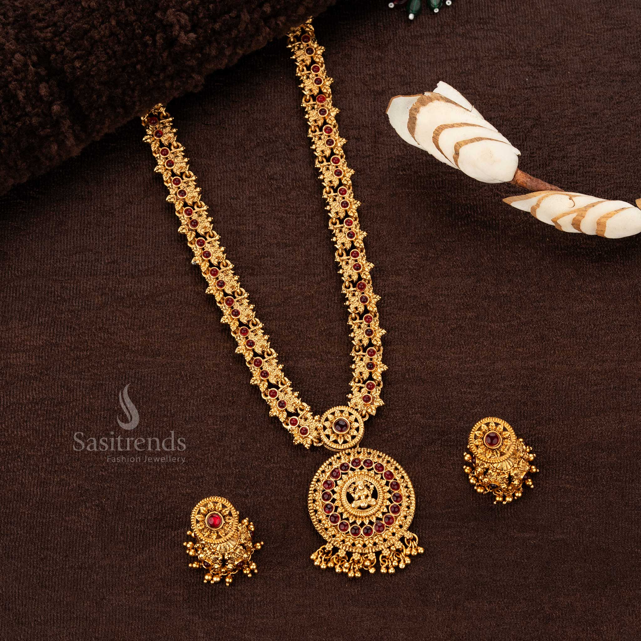 Traditioal Wear Classic Matte Gold Plated Long Haram Temple Necklace Jewellery Set with Lakshmi Pendant and Jhumka Earrings - Sasitrends - Image 2