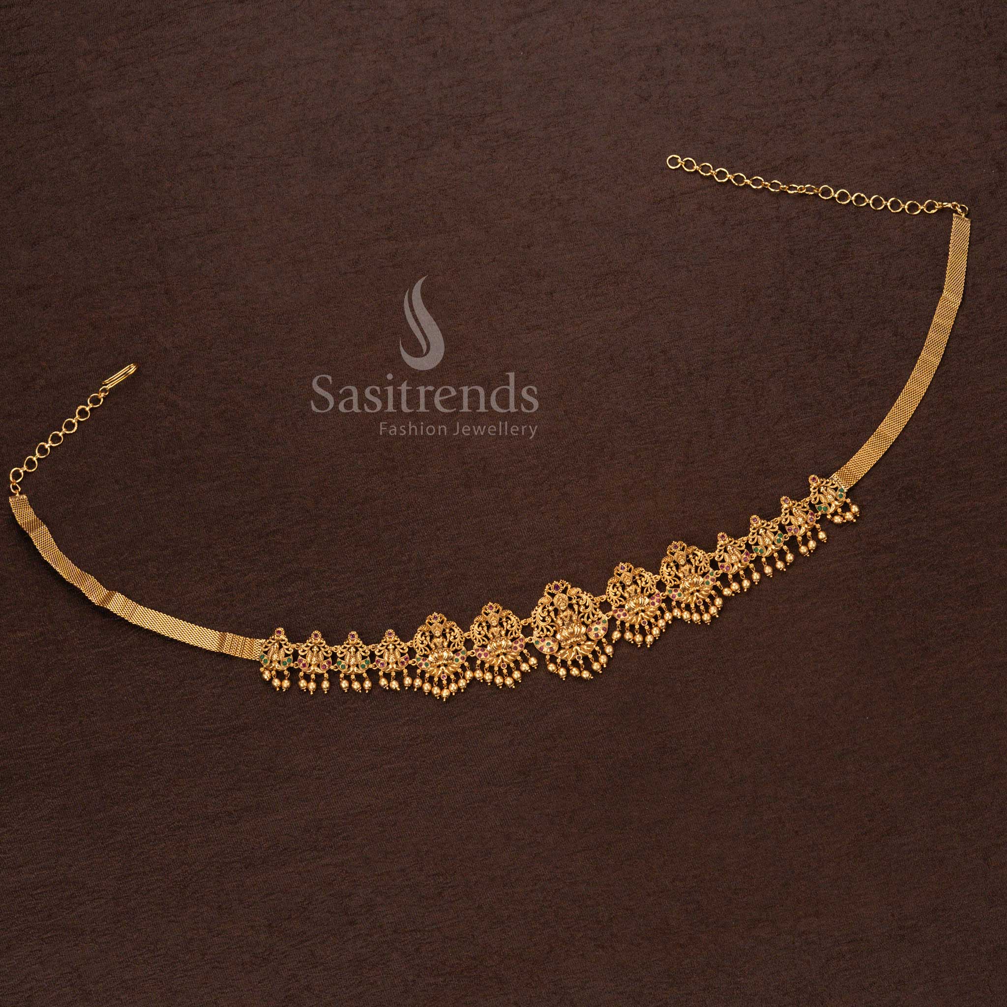 Gorgeous Premium Temple Matte Gold Plated Hip Belt with Goddess Lakshmi, Peacock Design, AD Stones & Golden Beads - Sasitrends - Image 4