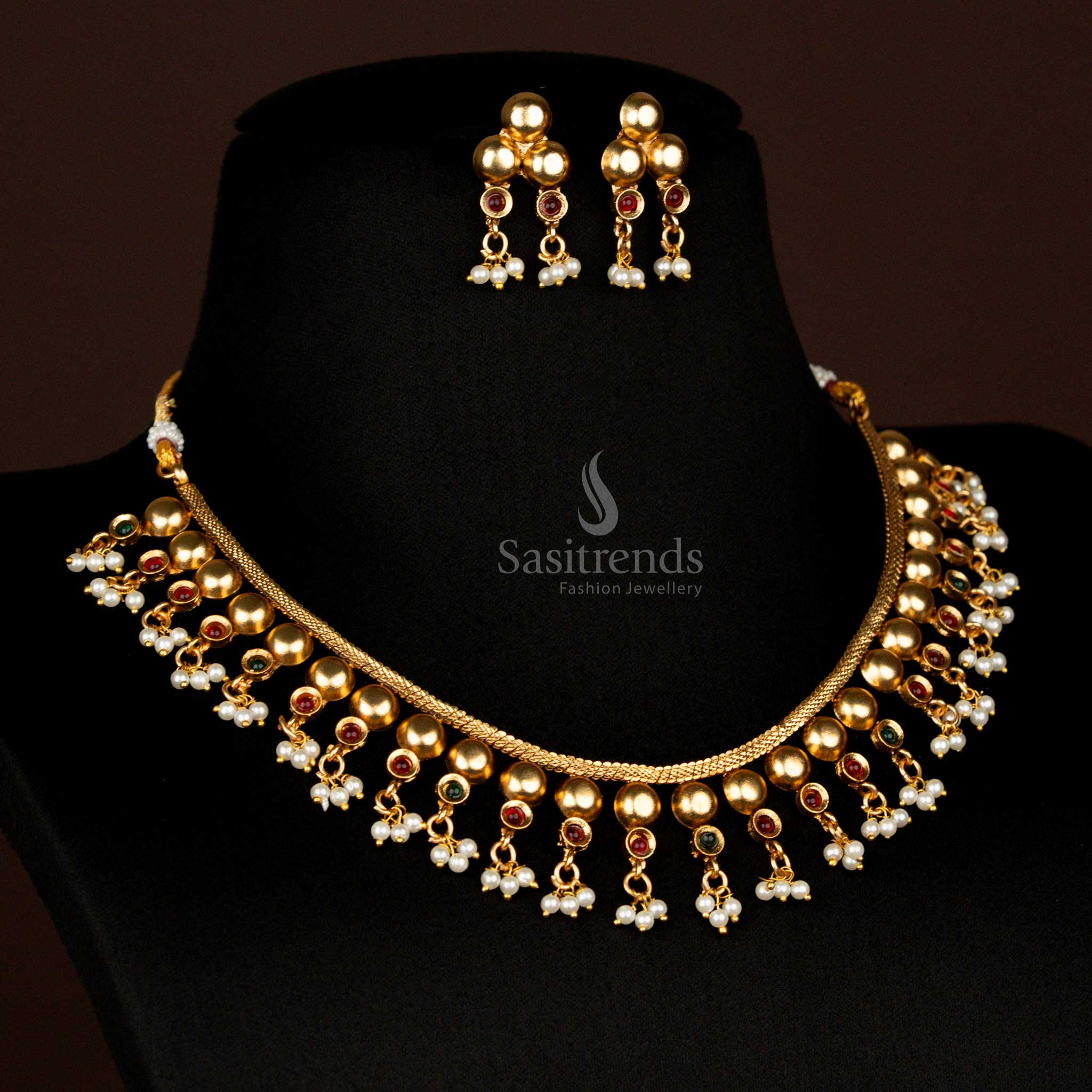 Stunning Classic Matte Gold Plated Ball Pattern Necklace Jewellery Set with Pearl Cluster Drops and Round Stud Earrings – Traditional Wedding Temple Jewellery - Sasitrends