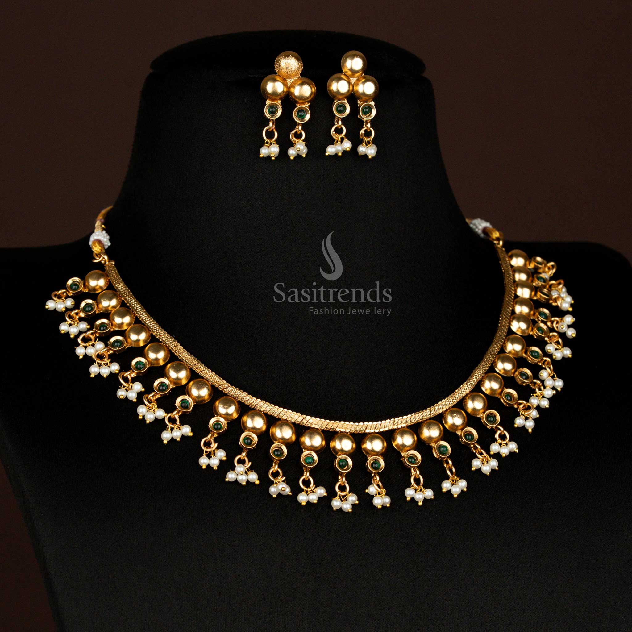 Stunning Classic Matte Gold Plated Ball Pattern Necklace Jewellery Set with Pearl Cluster Drops and Round Stud Earrings – Traditional Wedding Temple Jewellery - Sasitrends - Image 4