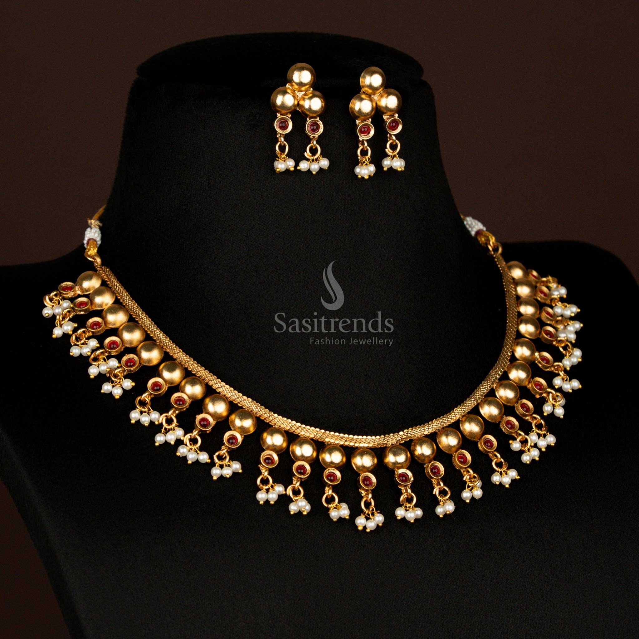 Stunning Classic Matte Gold Plated Ball Pattern Necklace Jewellery Set with Pearl Cluster Drops and Round Stud Earrings – Traditional Wedding Temple Jewellery - Sasitrends - Image 5