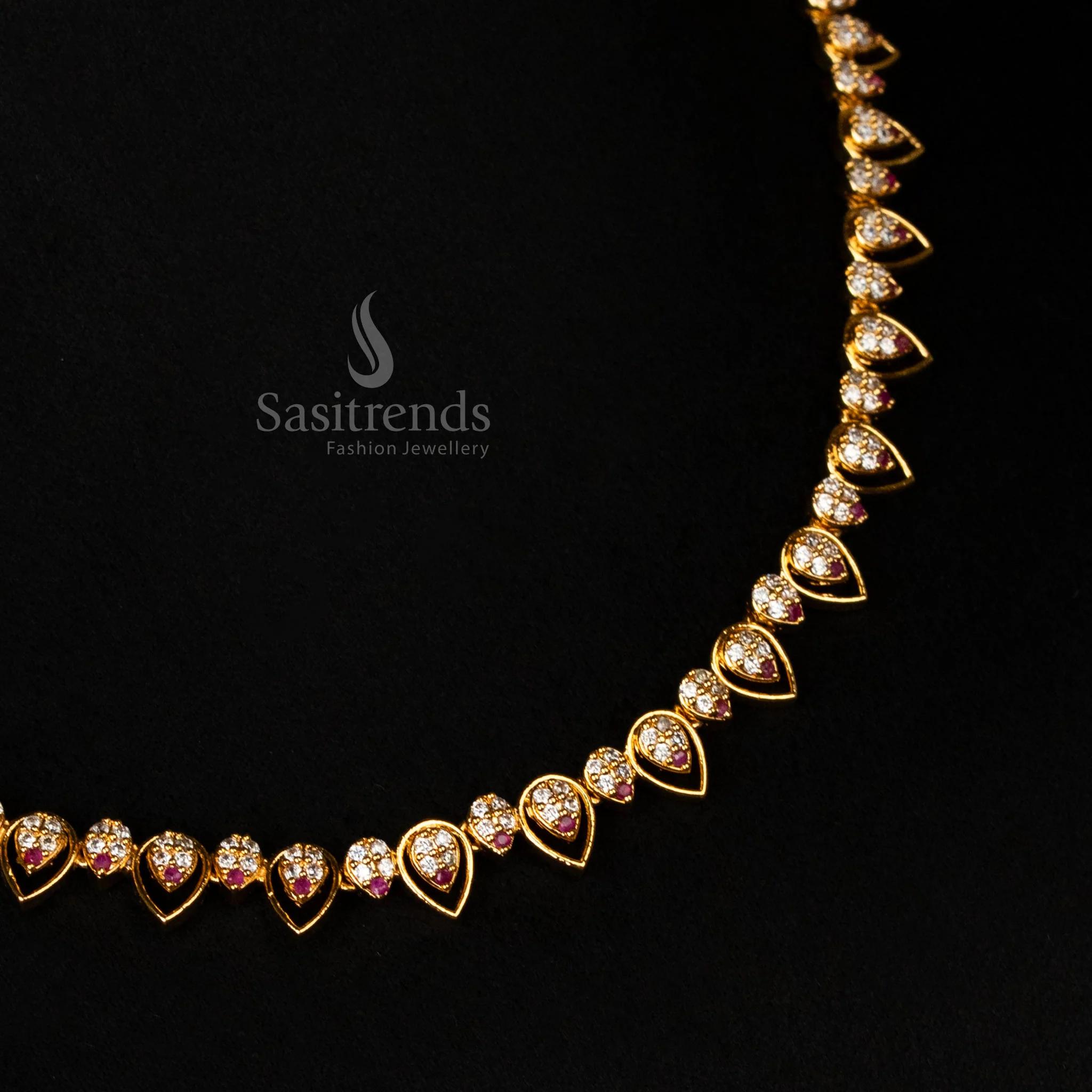 Enchanting One Gram Micro Gold Plated American Diamond Stone Studded Water Drop Pattern Necklace Jewellery Set Traditional & Festive Wear - Sasitrends - Image 6