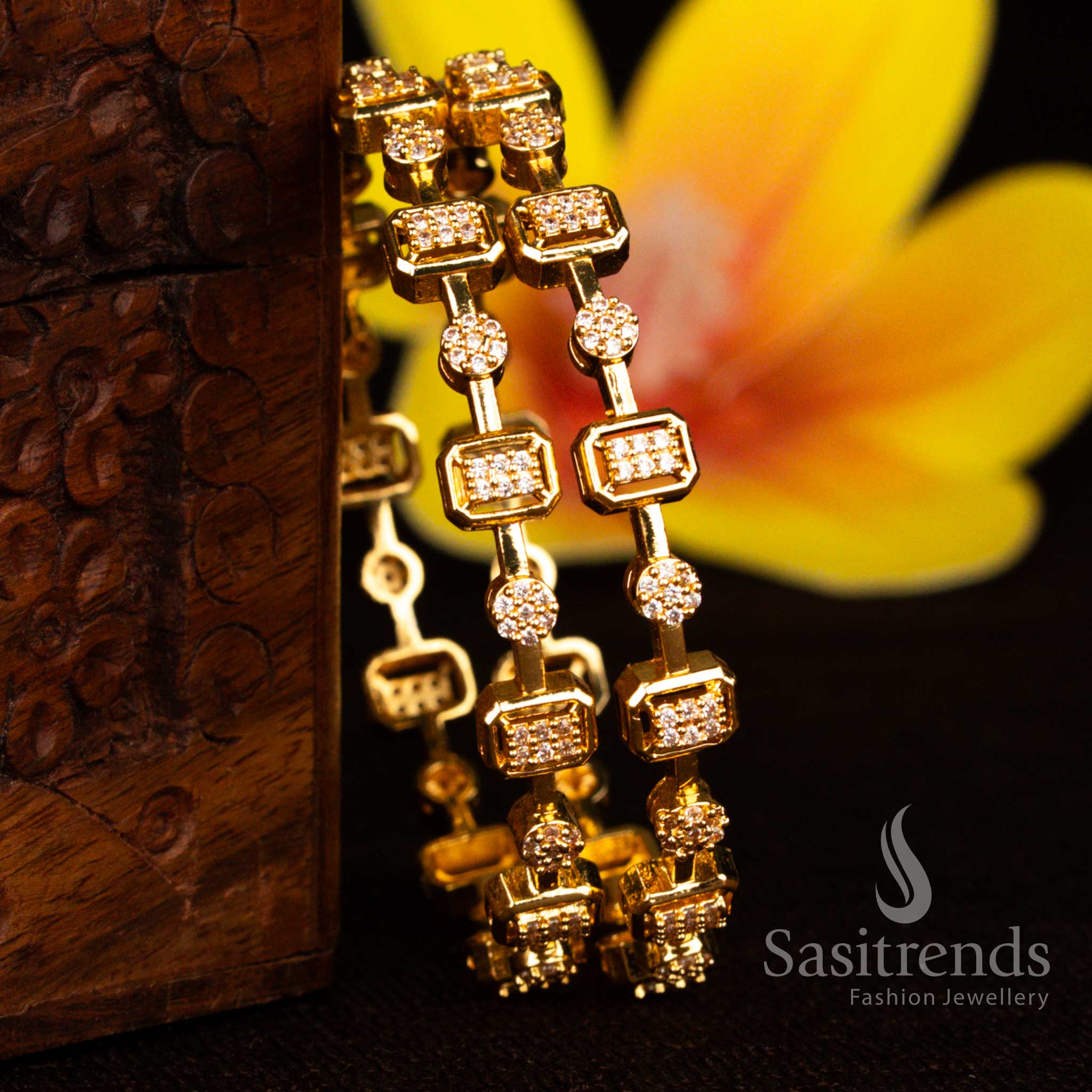 Guaranteed Micro Gold Plated American Diamond Studded Hexagonal and Circular Link Bangle Set - Sasitrends