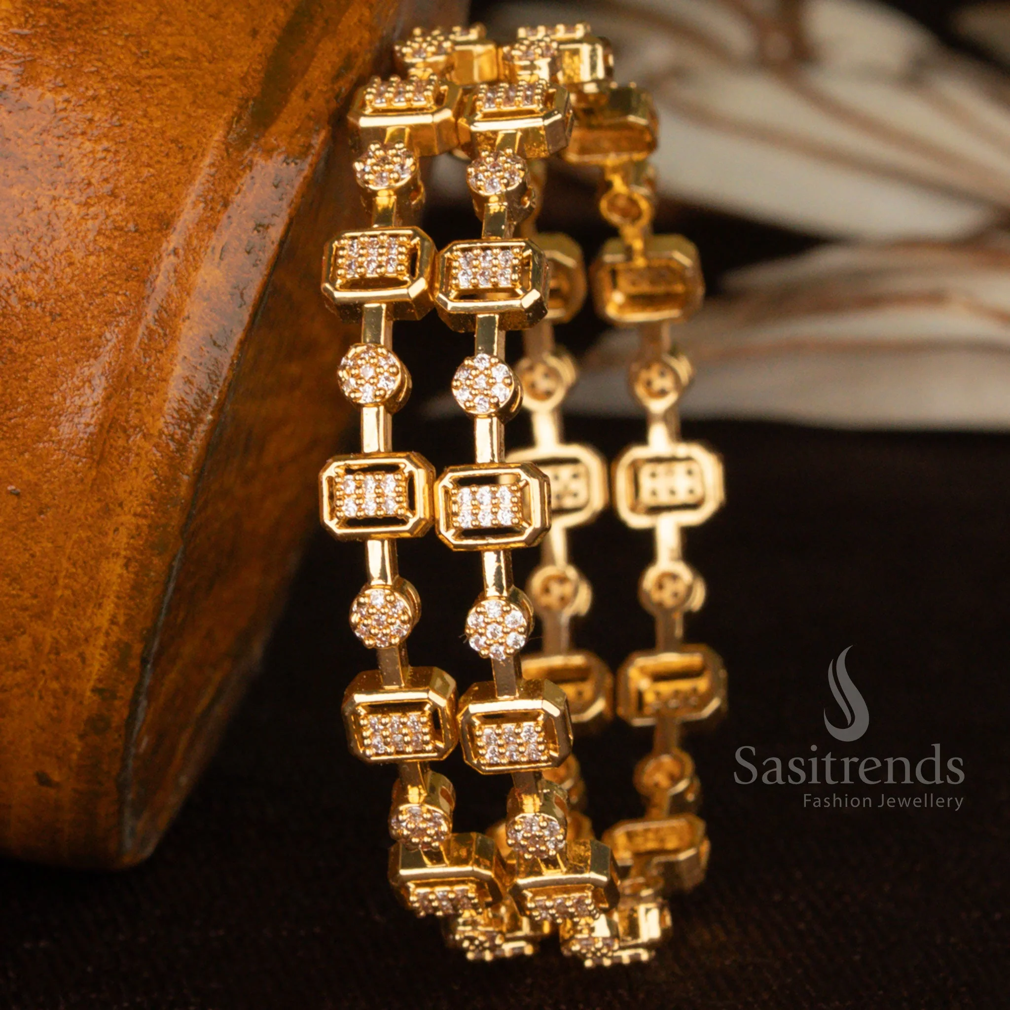 Guaranteed Micro Gold Plated American Diamond Studded Hexagonal and Circular Link Bangle Set - Sasitrends - Image 2