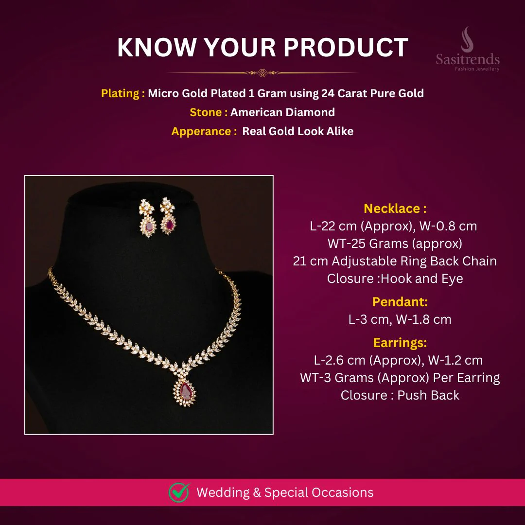 Gorgeous Micro Gold Plated American Diamond Floral Leaf Design Necklace Jewellery Set with Marquise Detailing and Teardrop Pendant - Sasitrends - Image 3