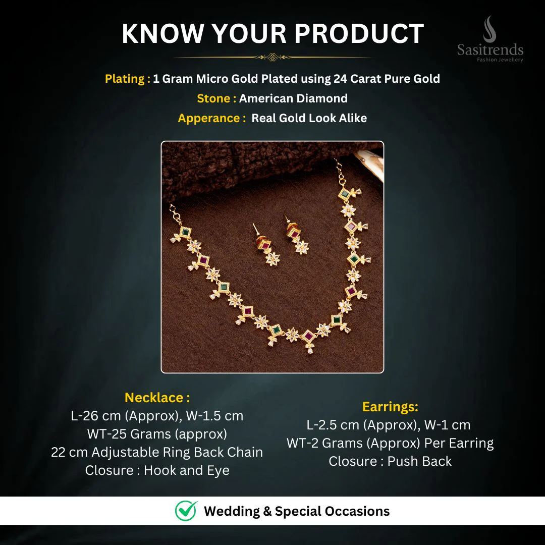 Stunning One Gram Micro Gold Plated Guaranteed American Diamond Necklace Jewellery Set - Sasitrends - Image 2