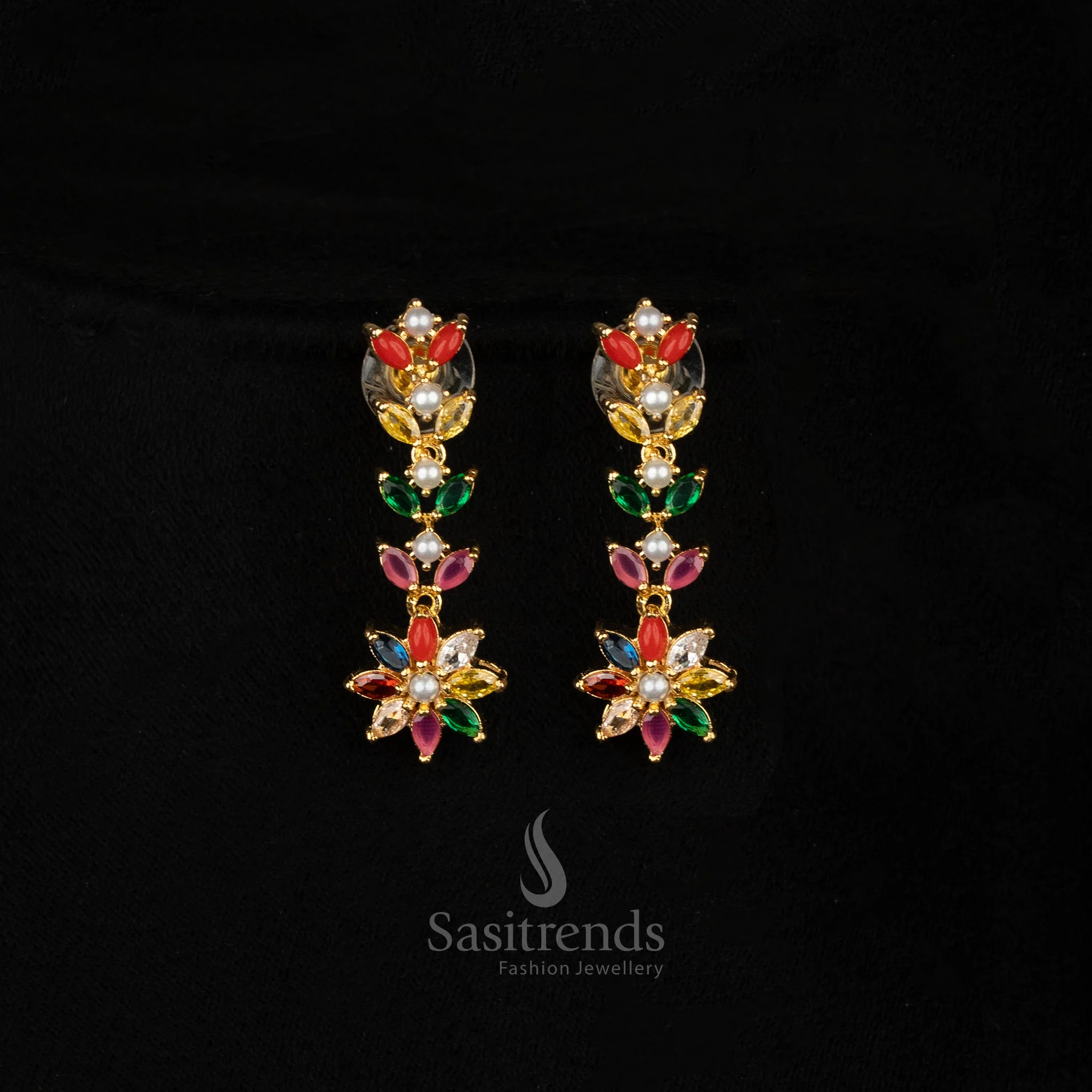 Gorgeous Micro Gold Plated Pearl American Diamond Floral Necklace Jewellery Set | Look Like Real Gold | One Gram Jewellery - Sasitrends - Image 6