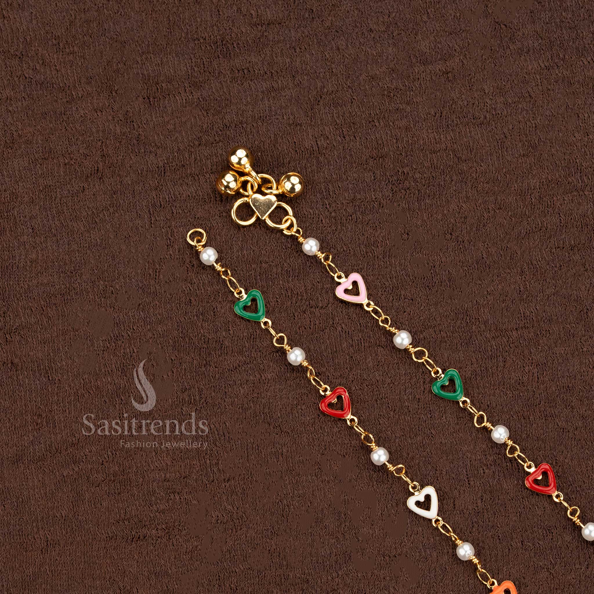 Gorgeous Micro Gold Plated Pearl and Multicolour Enamel Heart Anklets Pair  - Sasitrends - Image 2
