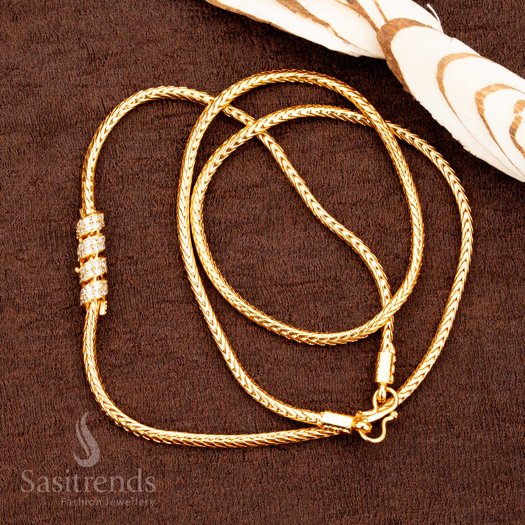 Attractive Micro Gold Plated Small Spring Shape Mugappu Chain with AD Stones – One Gram Traditional Gold Look Design - Sasitrends