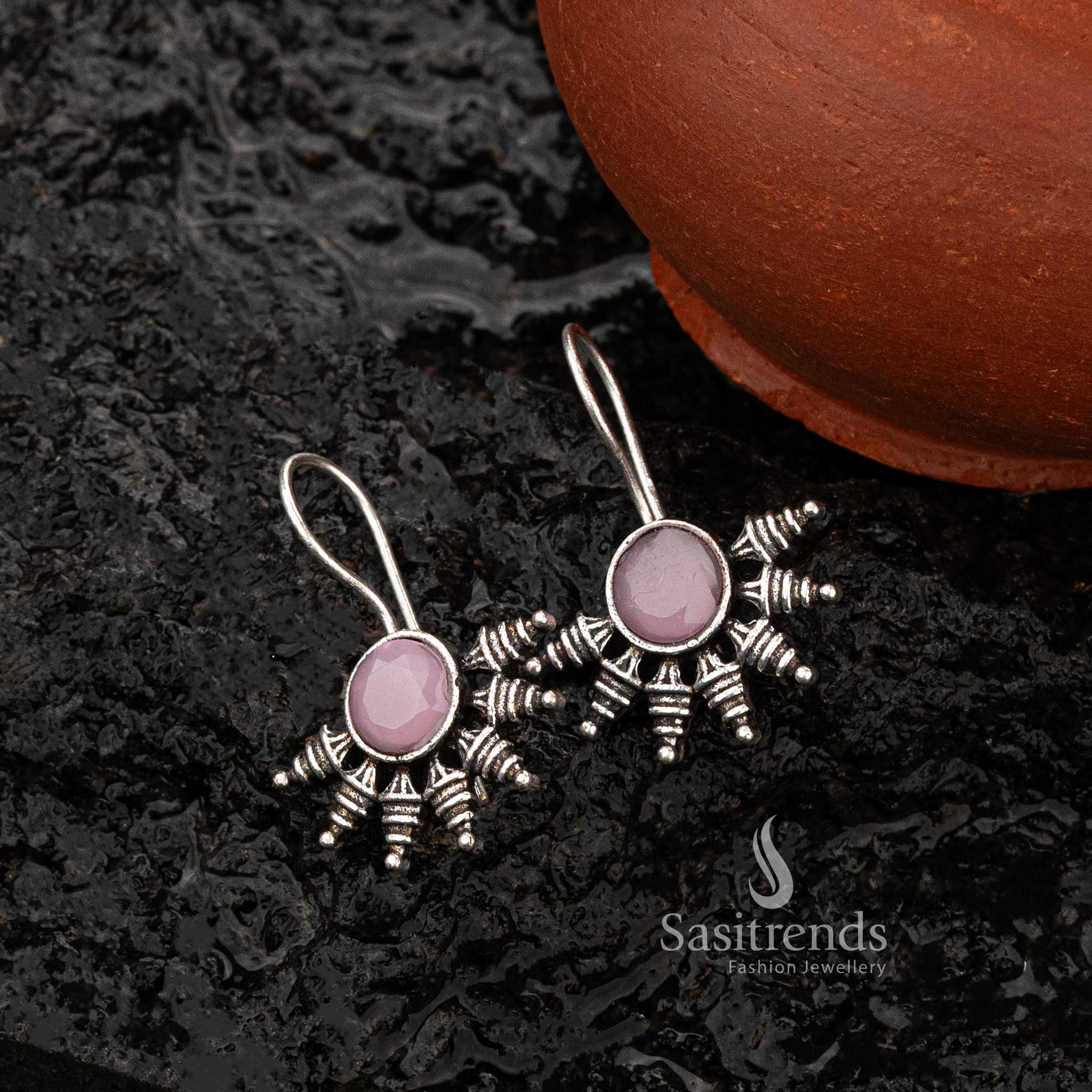 Beautiful Oxidised Silver Earrings with Round Stone and Intricate Motif Design - Sasitrends - Image 4