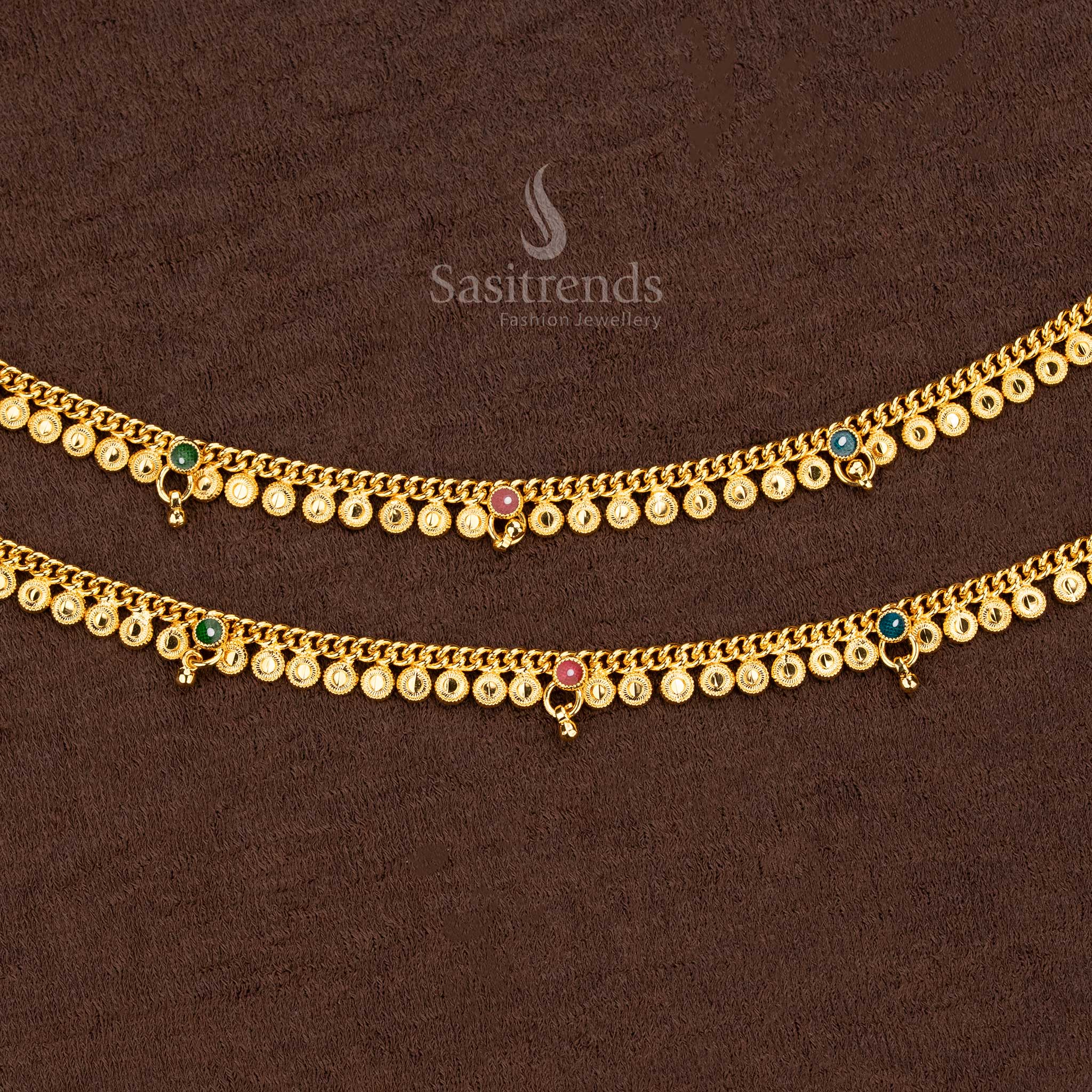 Stunning One Gram Micro Gold Plated Multi-Stone Floral Motif Traditional Anklets Set with Hanging Beads - Sasitrends - Image 2