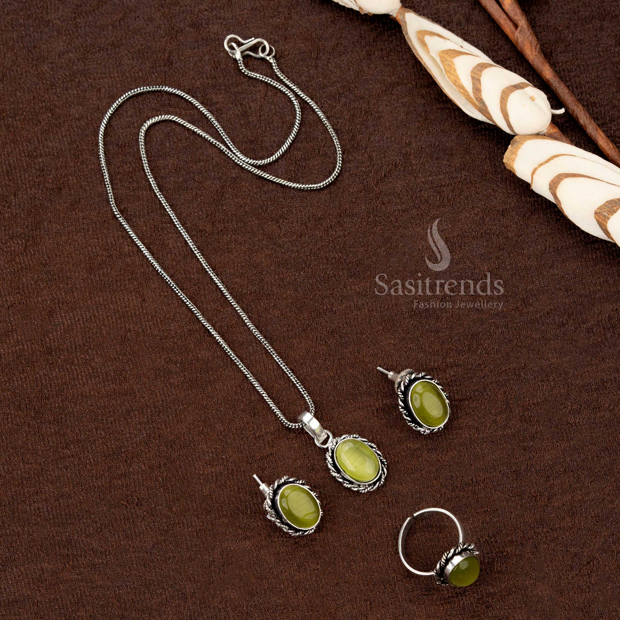 Elegant Oxidised Chain Jewellery Set with Oval Pendant, Matching Earrings, and Adjustable Ring – Perfect for Casual and Stylish Wear - Sasitrends - Image 5