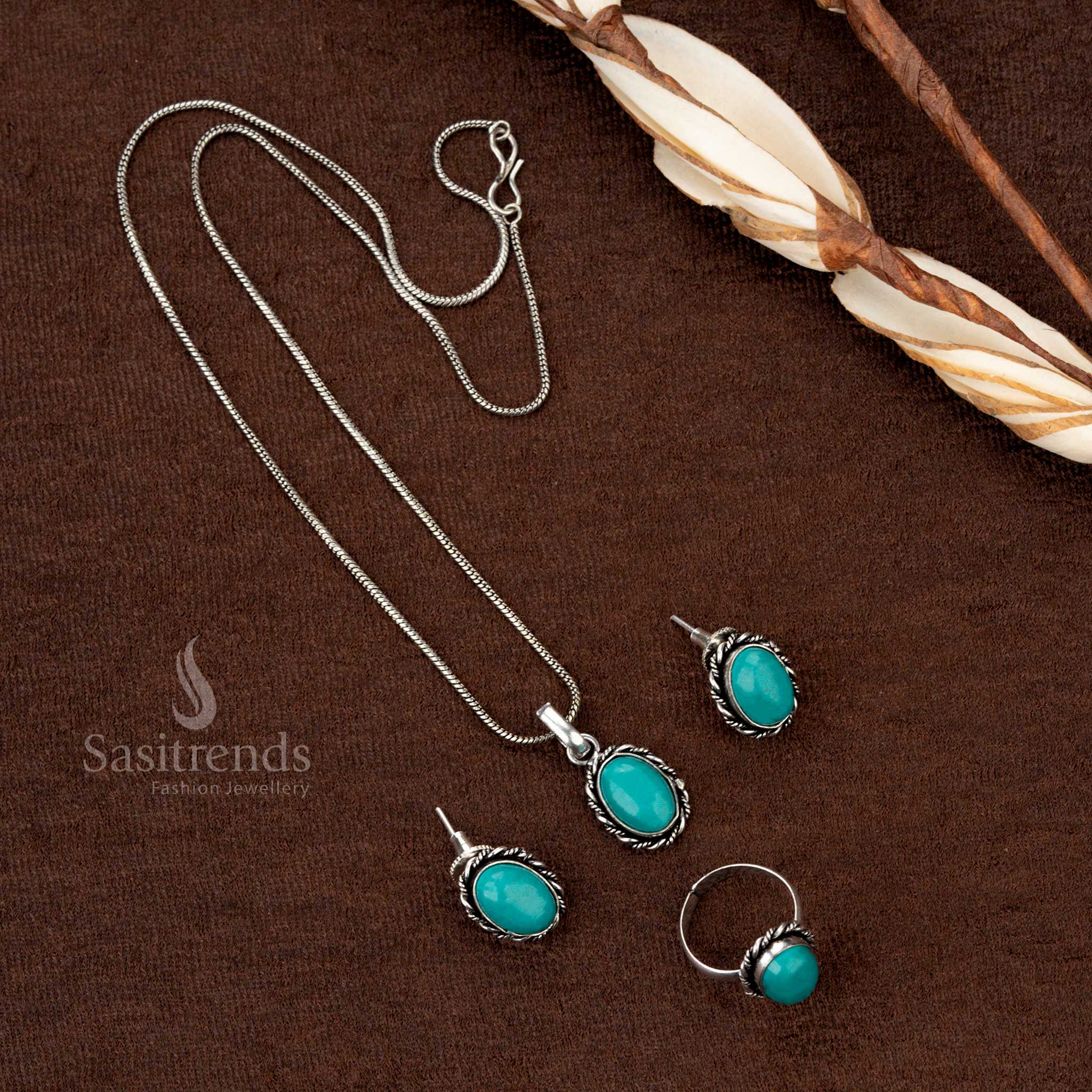 Elegant Oxidised Chain Jewellery Set with Oval Pendant, Matching Earrings, and Adjustable Ring – Perfect for Casual and Stylish Wear - Sasitrends - Image 7