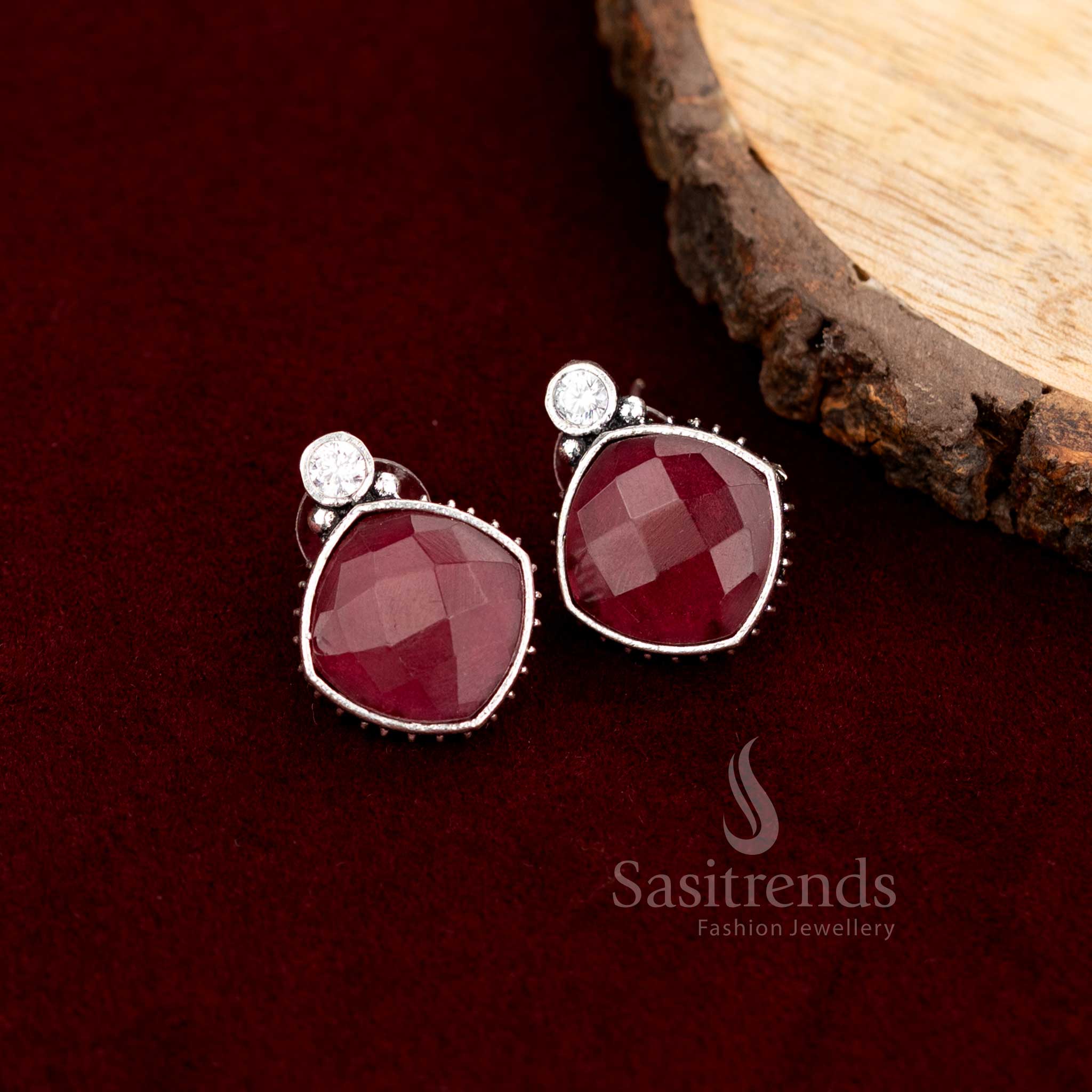 Oxidised Silver-Tone Stud Earrings with Faceted Stone and Crystal Top - Sasitrends - Image 4