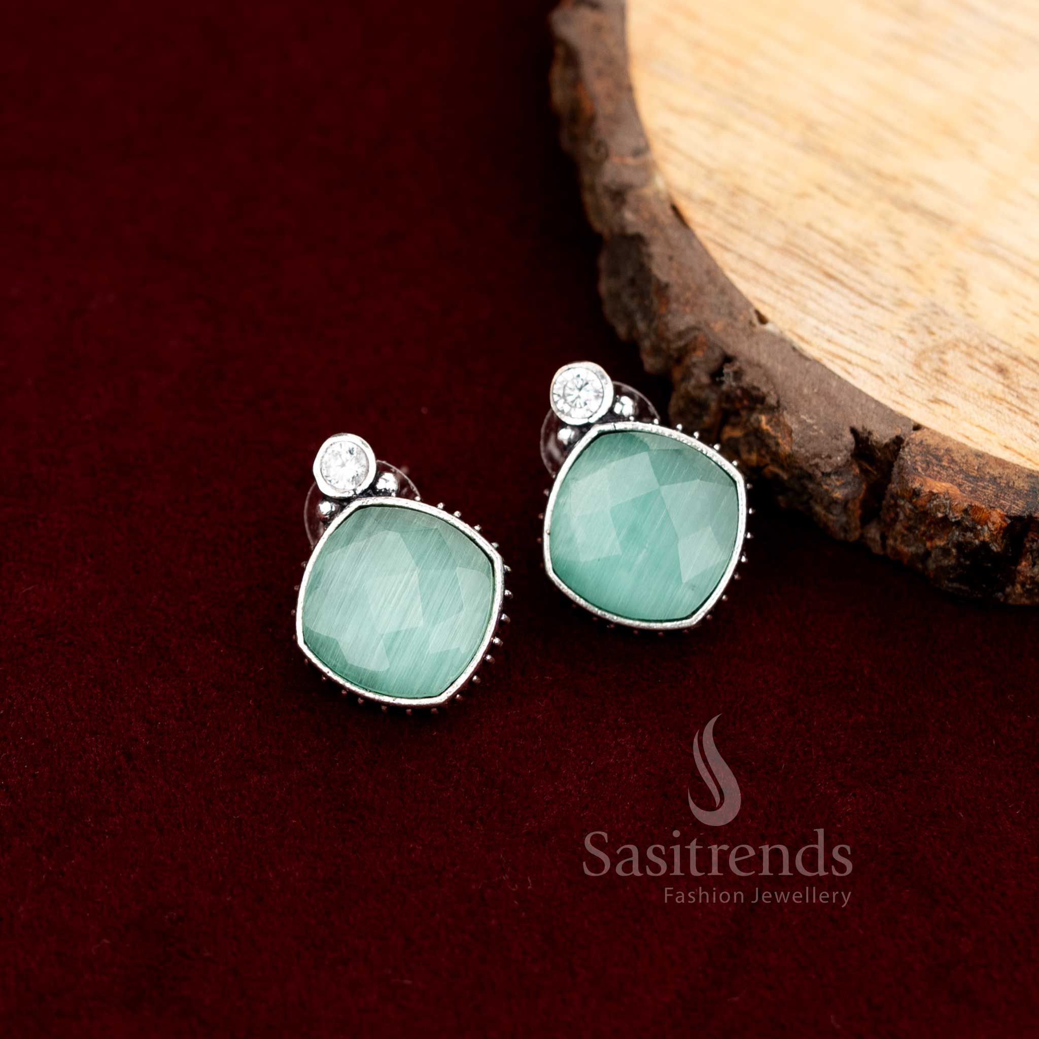 Oxidised Silver-Tone Stud Earrings with Faceted Stone and Crystal Top - Sasitrends - Image 5