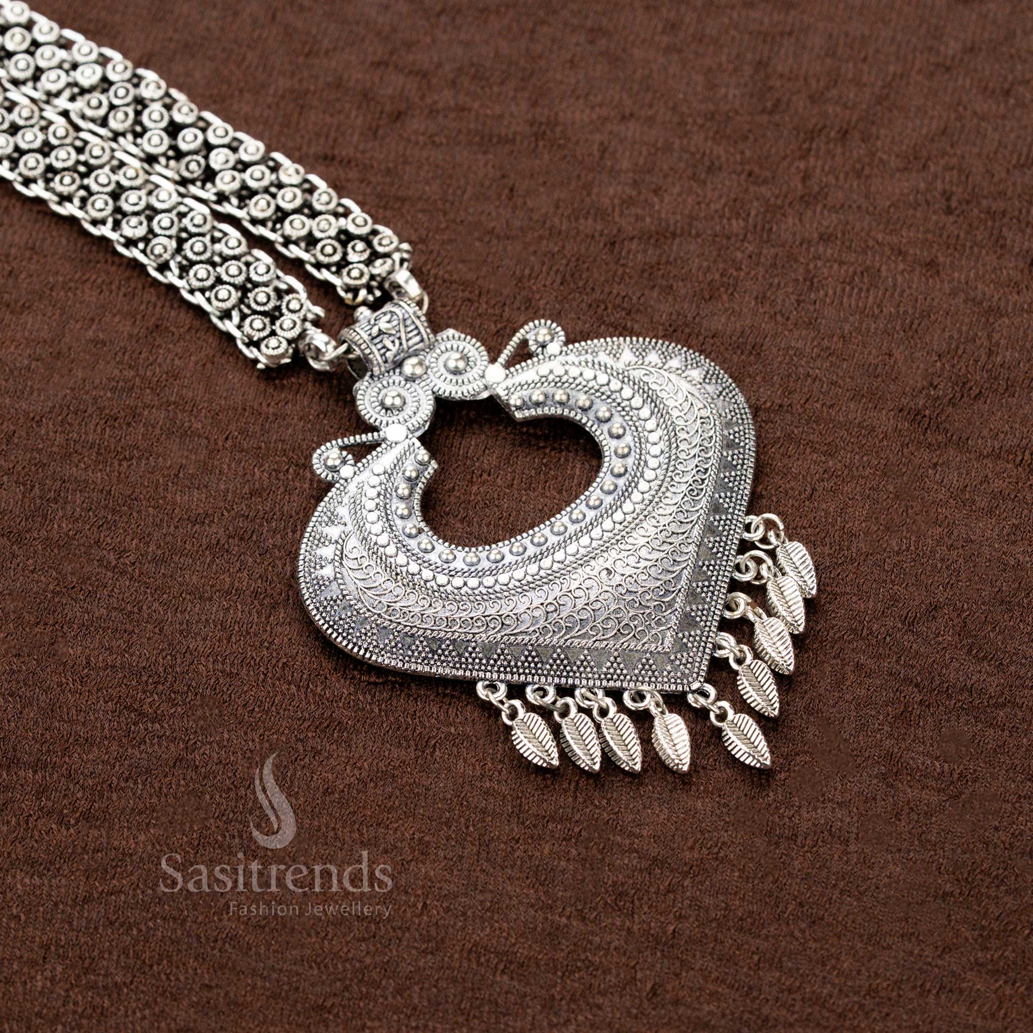 Amazing Traditional Oxidised Silver Floral Pendant Necklace with Intricate Leaf Danglers – Elegant Design with Dual Chain Structure - Sasitrends - Image 4