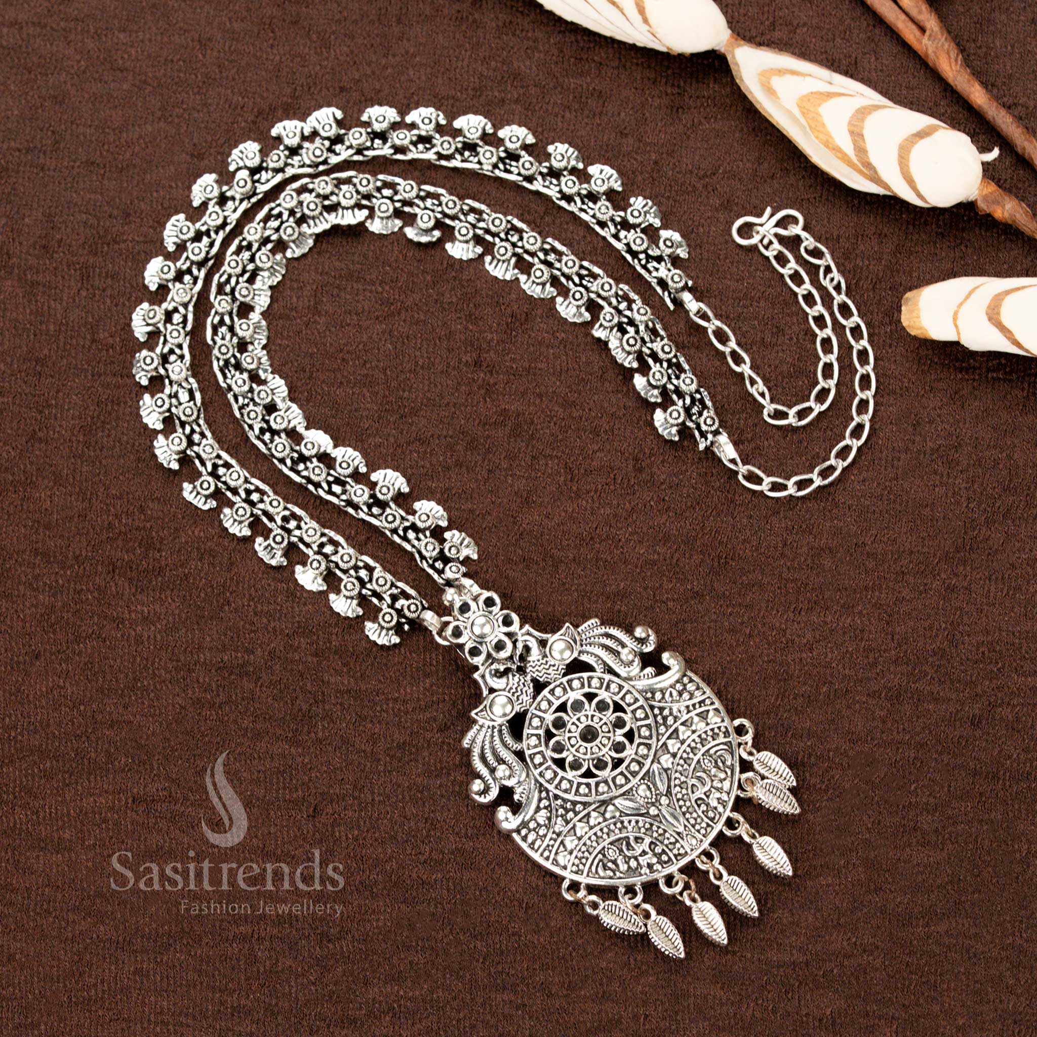 Amazing Traditional Oxidised Silver Floral Pendant Necklace with Intricate Leaf Danglers – Elegant Design with Dual Chain Structure - Sasitrends - Image 7