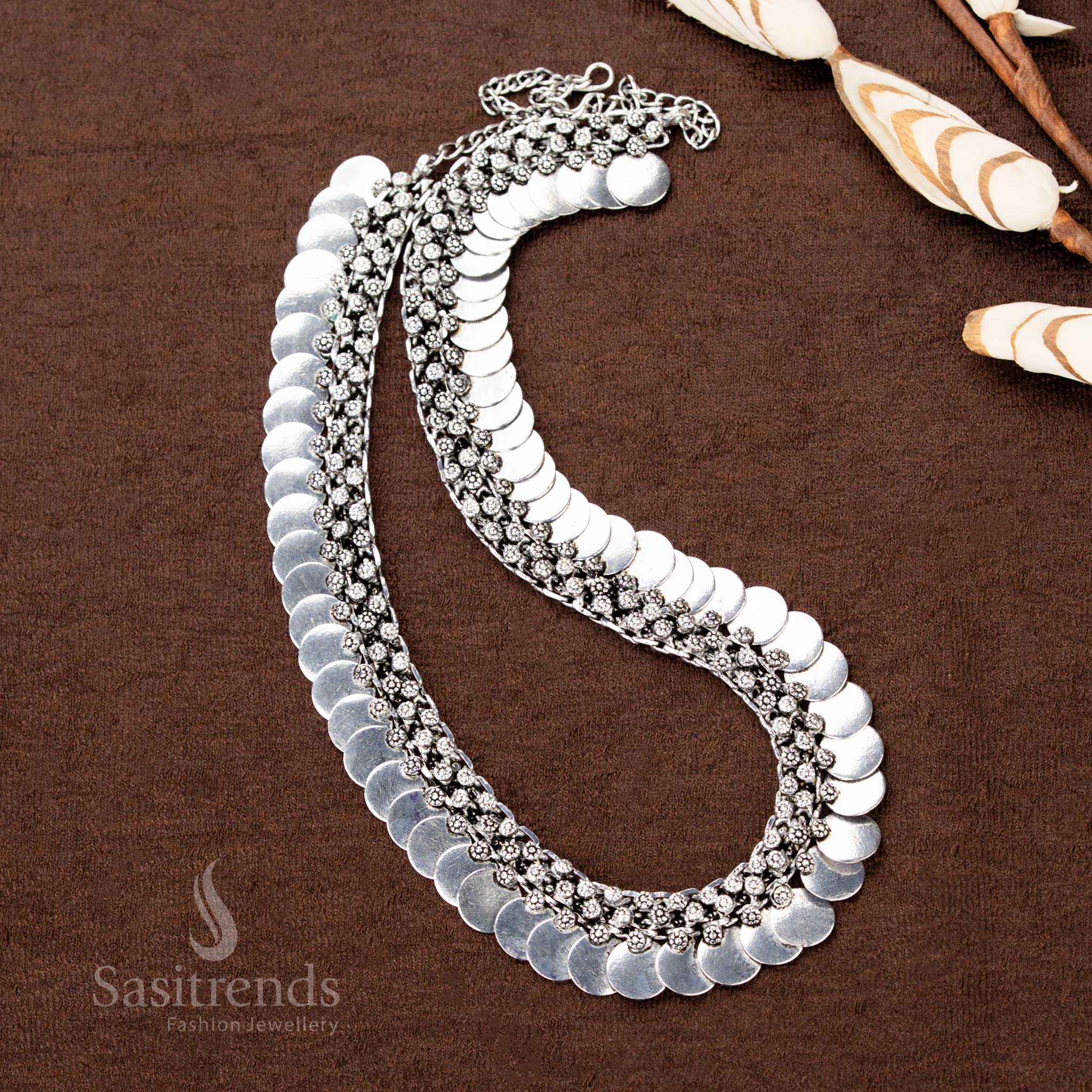 Amazing Traditional Oxidised Silver Floral Pendant Necklace with Intricate Leaf Danglers – Elegant Design with Dual Chain Structure - Sasitrends - Image 9