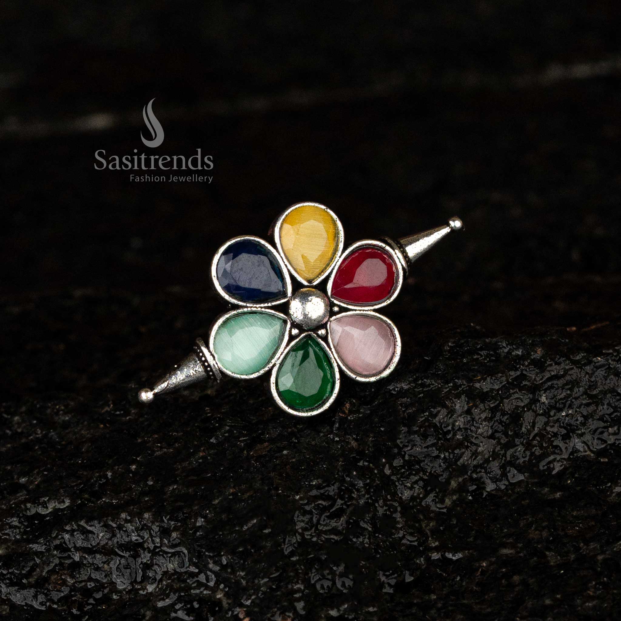 Oxidised Floral Stone Adjustable Ring | Available in Multiple Colours - Sasitrends - Image 11
