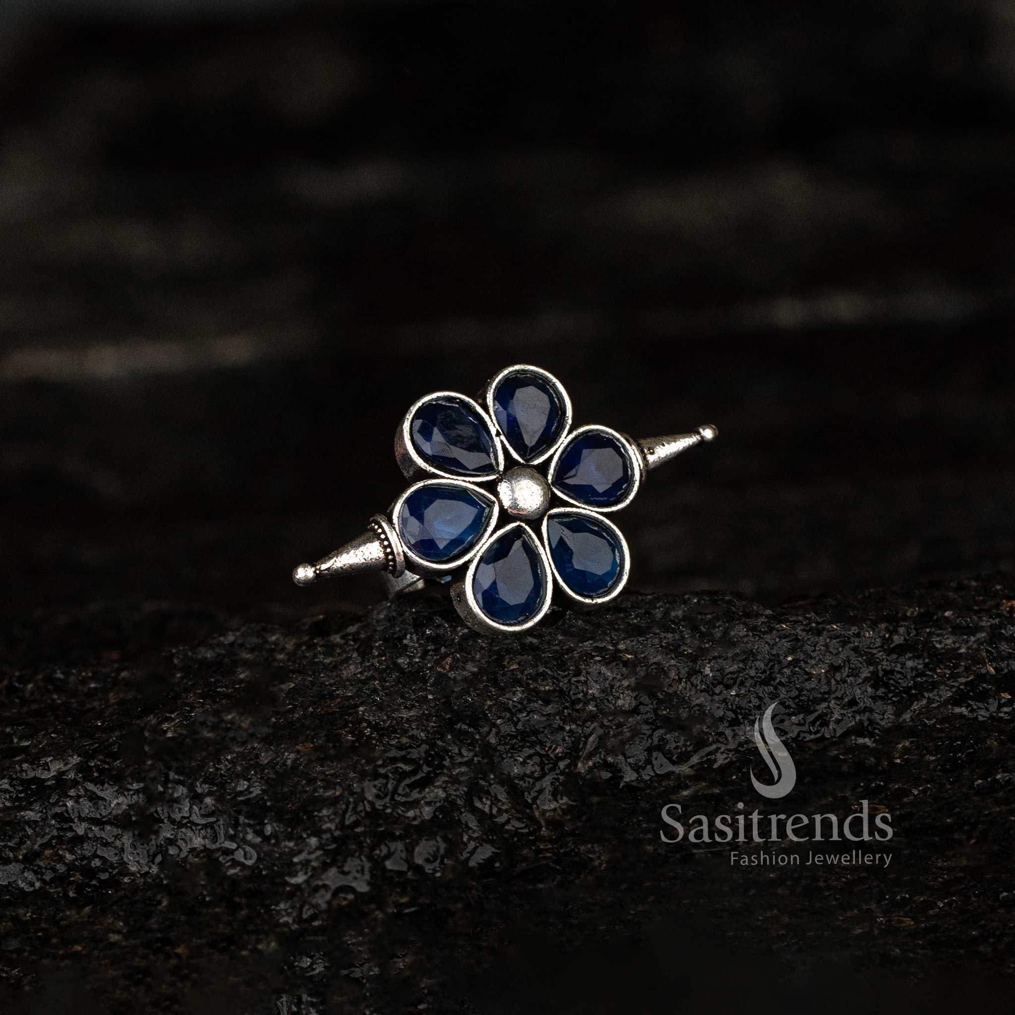 Oxidised Floral Stone Adjustable Ring | Available in Multiple Colours - Sasitrends - Image 4