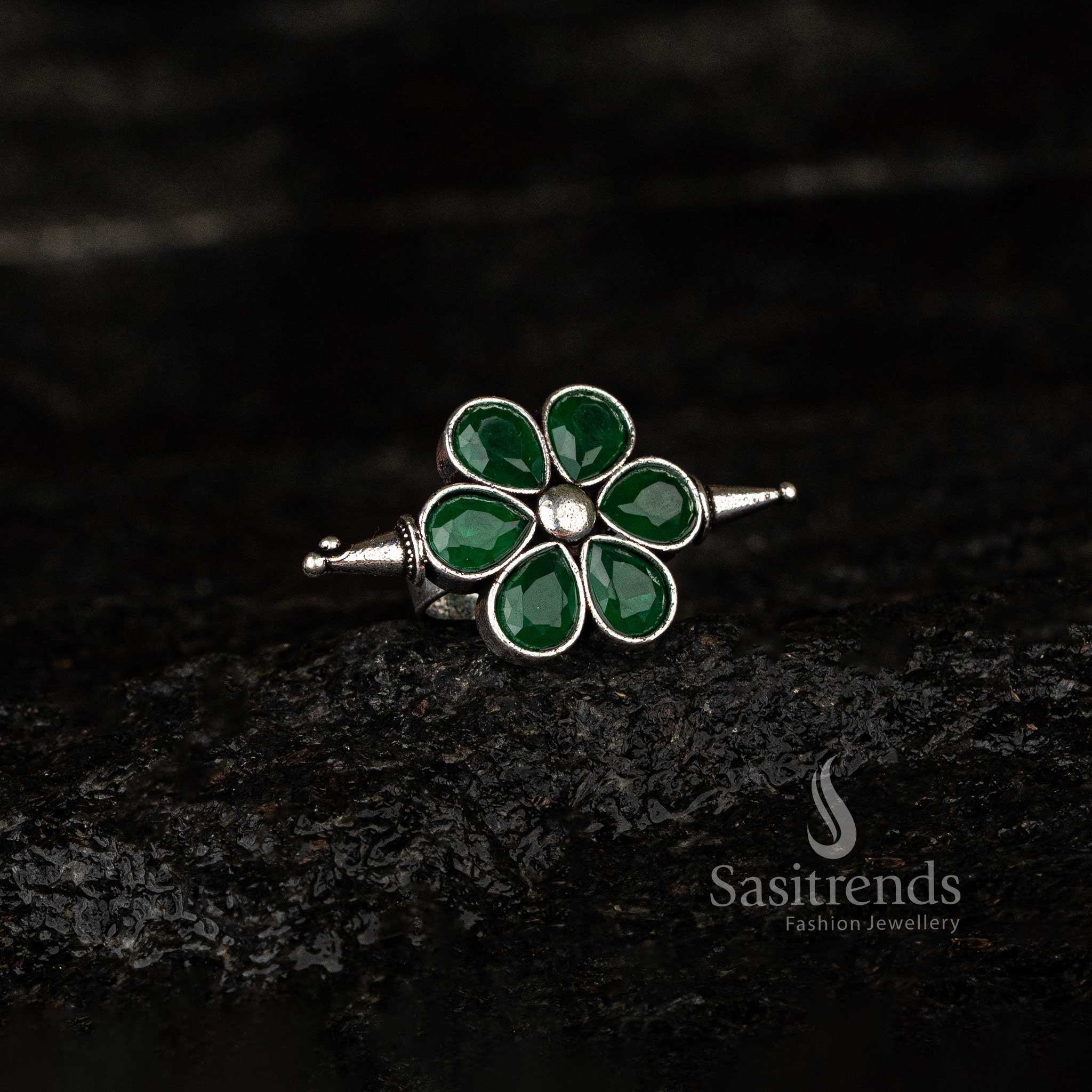 Oxidised Floral Stone Adjustable Ring | Available in Multiple Colours - Sasitrends - Image 5