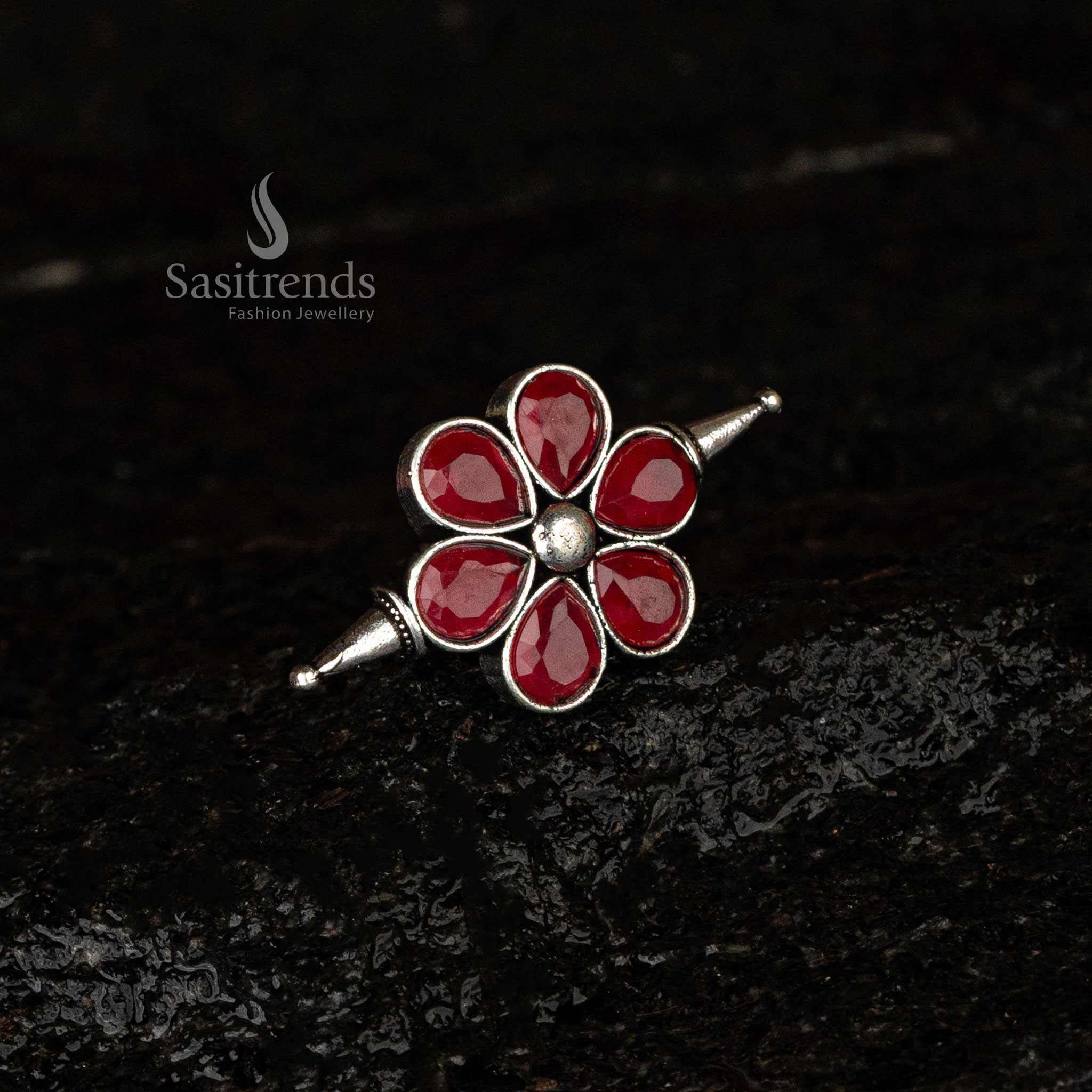 Oxidised Floral Stone Adjustable Ring | Available in Multiple Colours - Sasitrends - Image 6