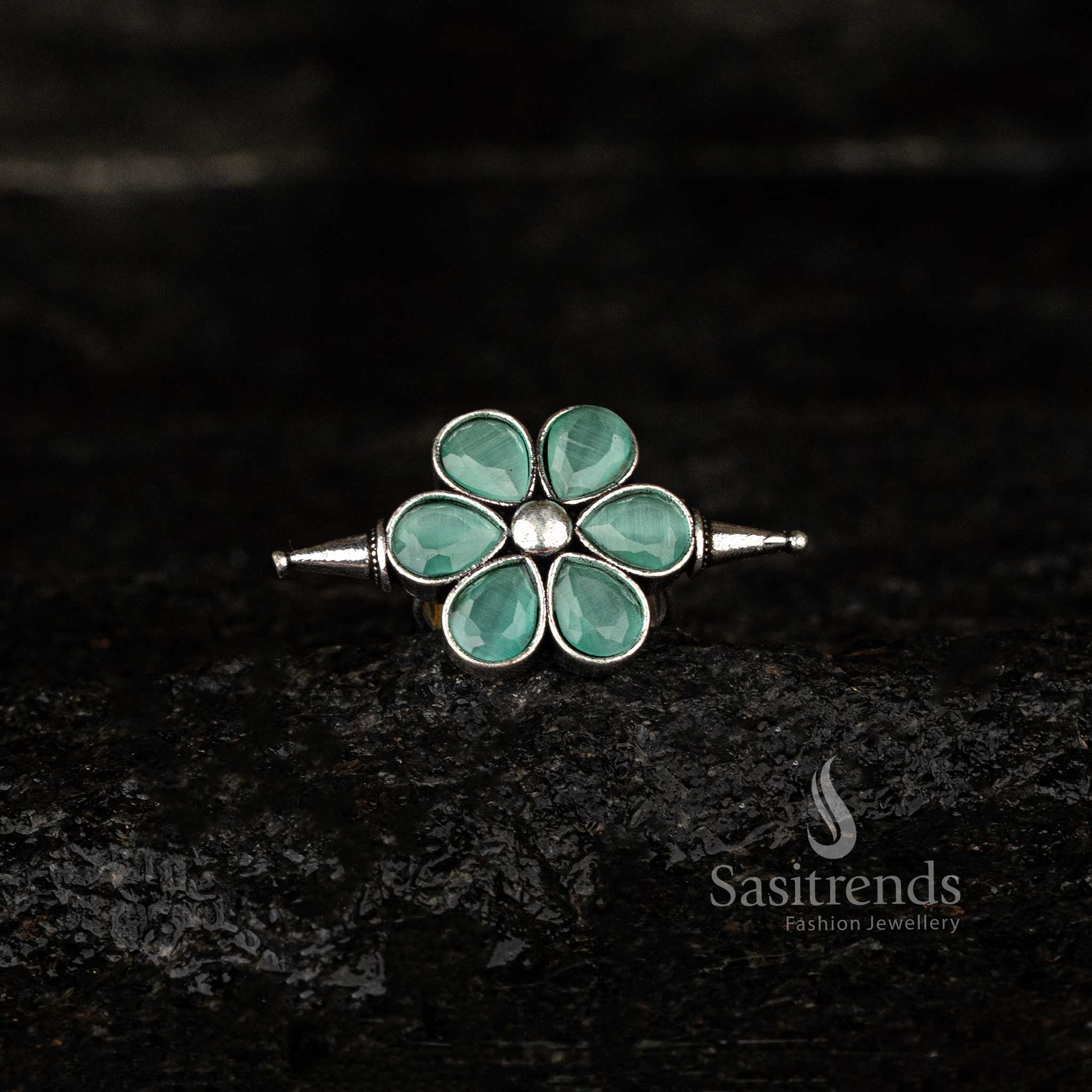 Oxidised Floral Stone Adjustable Ring | Available in Multiple Colours - Sasitrends - Image 7