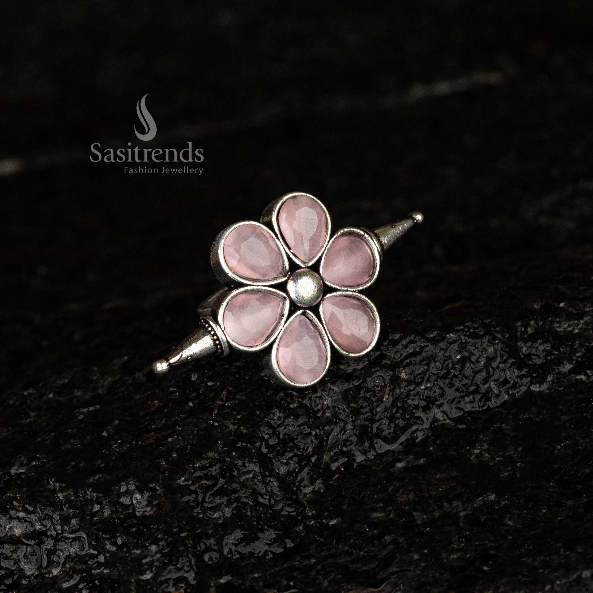 Oxidised Floral Stone Adjustable Ring | Available in Multiple Colours - Sasitrends - Image 8