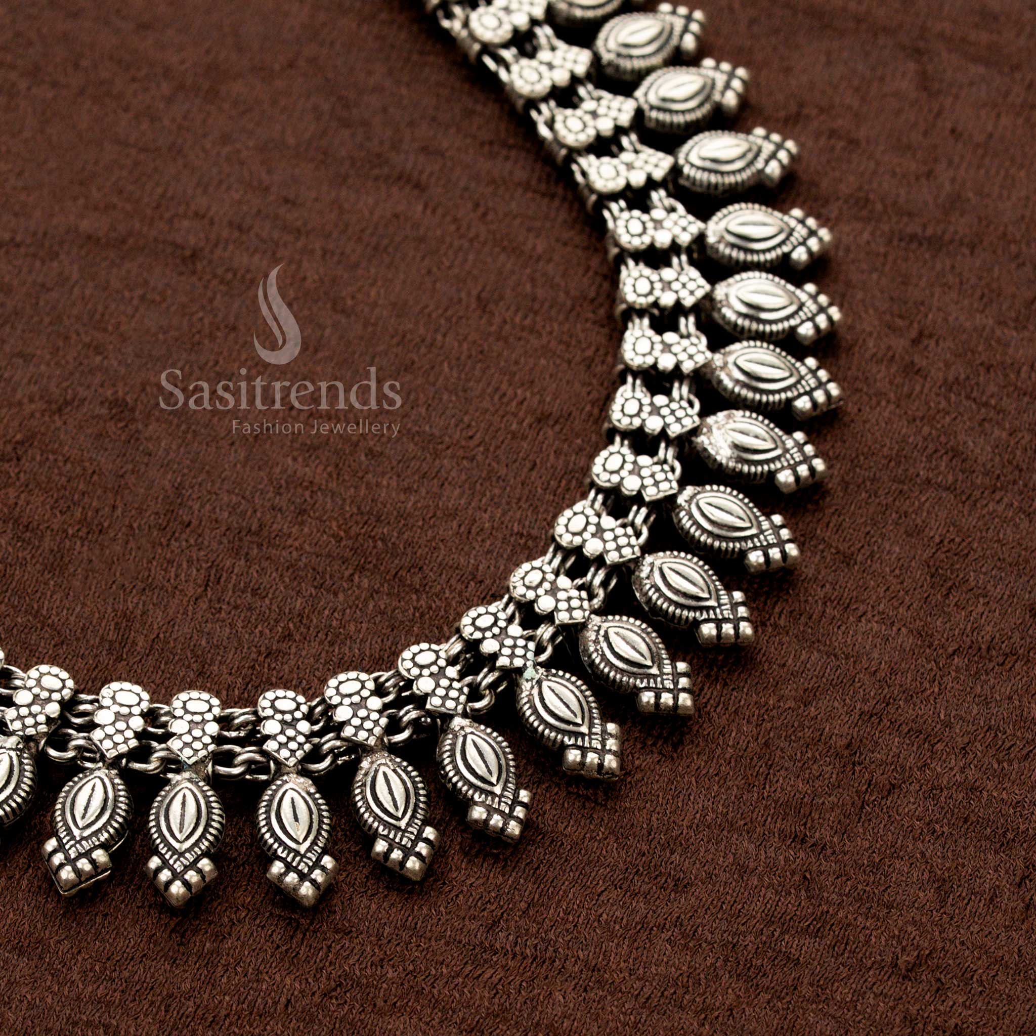 Stunning Oxidised Kolapuri Style Necklace with Almond-Shaped Tribal Drop Motifs and Floral Link Design – Traditional Festive Wear by Sasitrends - Image 2