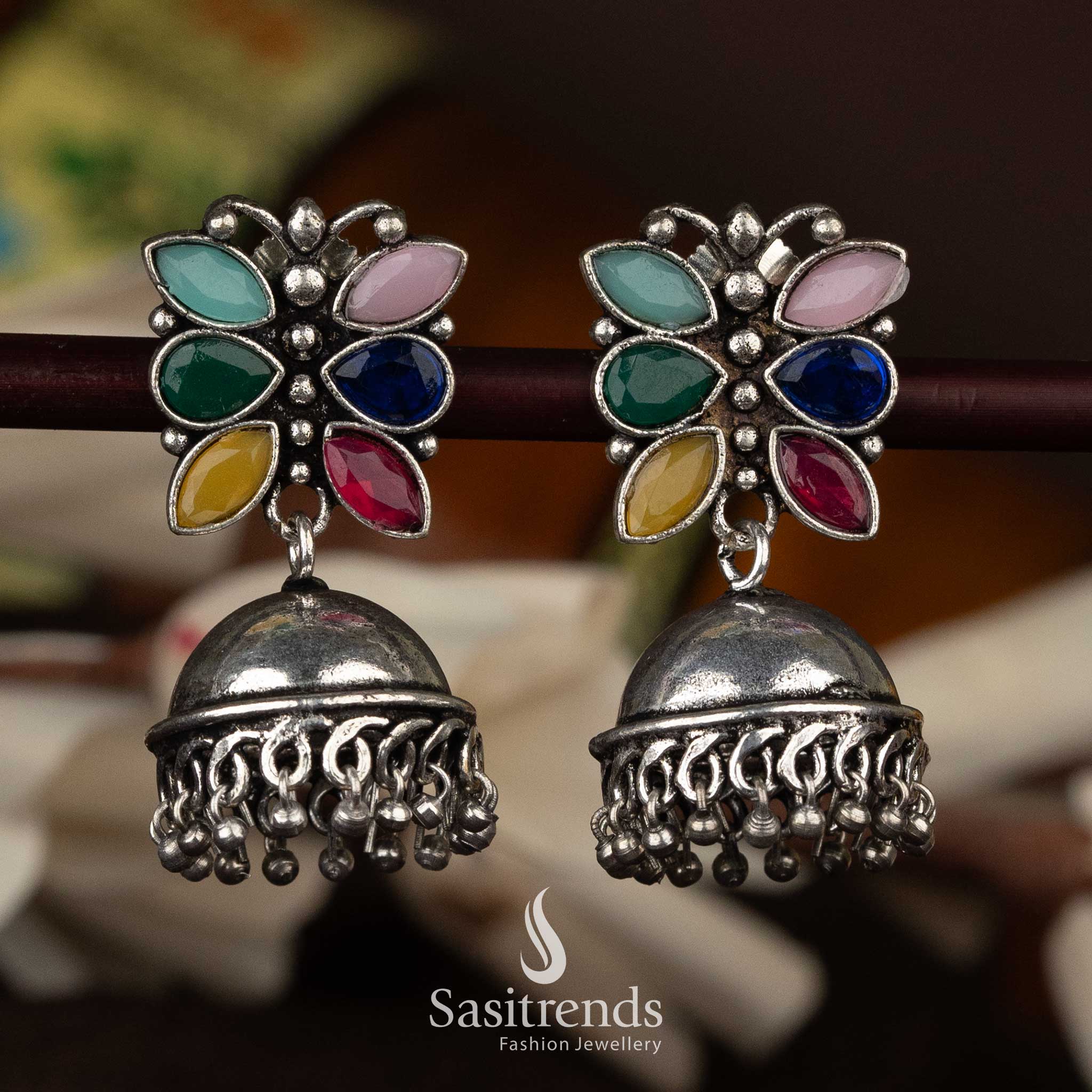 Elegant Oxidised Silver Floral Top Dome Jhumka Earrings | Multiple Colors - Sasitrends - Image 9