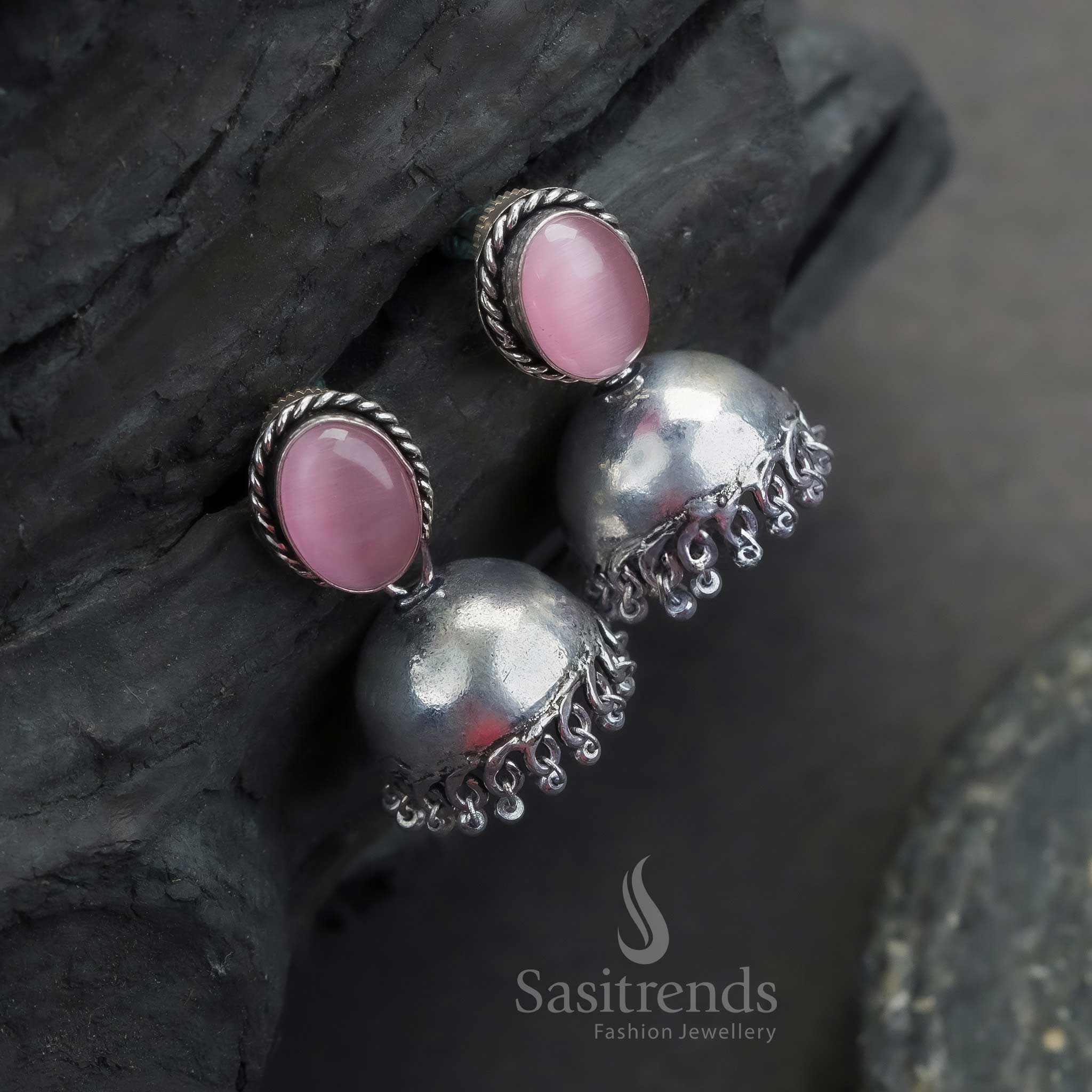 Trendy Traditional Oxidised Silver Jhumka Earrings with Oval Monalisa Stones | Sasitrends - Image 10
