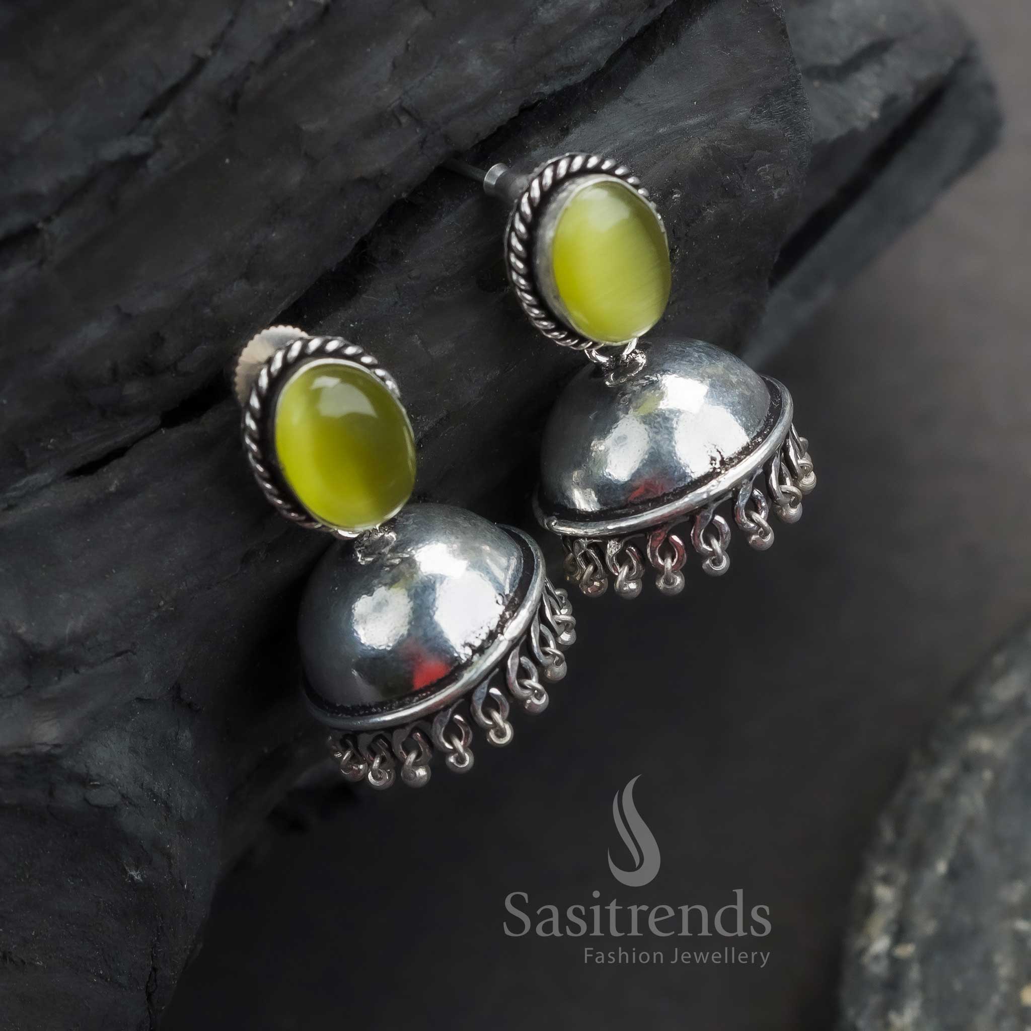 Trendy Traditional Oxidised Silver Jhumka Earrings with Oval Monalisa Stones | Sasitrends - Image 2