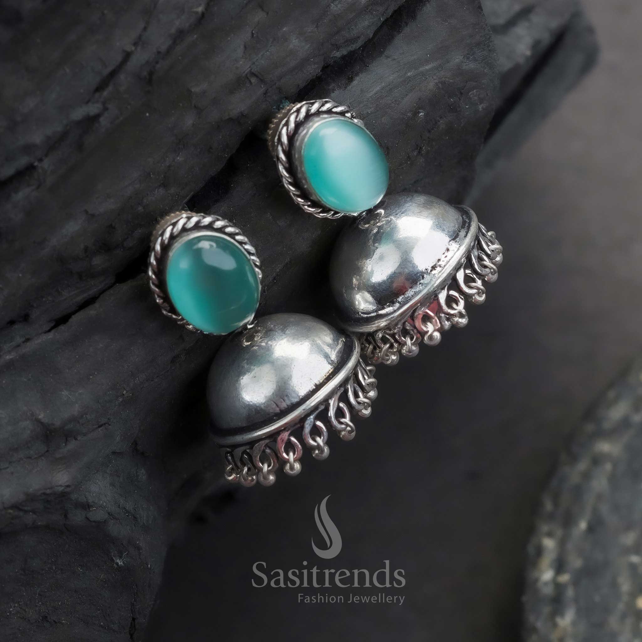 Trendy Traditional Oxidised Silver Jhumka Earrings with Oval Monalisa Stones | Sasitrends - Image 5
