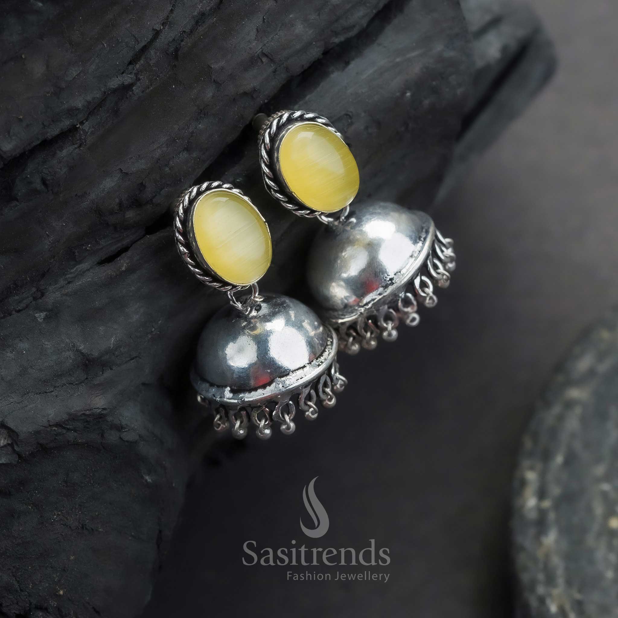 Trendy Traditional Oxidised Silver Jhumka Earrings with Oval Monalisa Stones | Sasitrends - Image 6