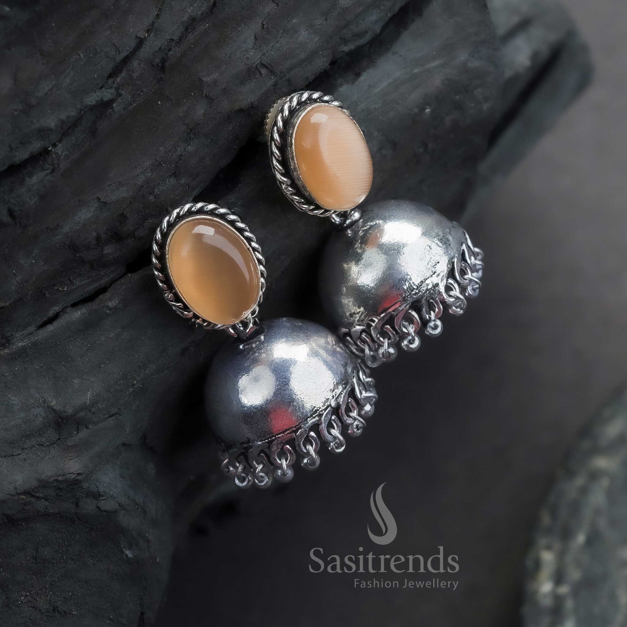Trendy Traditional Oxidised Silver Jhumka Earrings with Oval Monalisa Stones | Sasitrends - Image 7