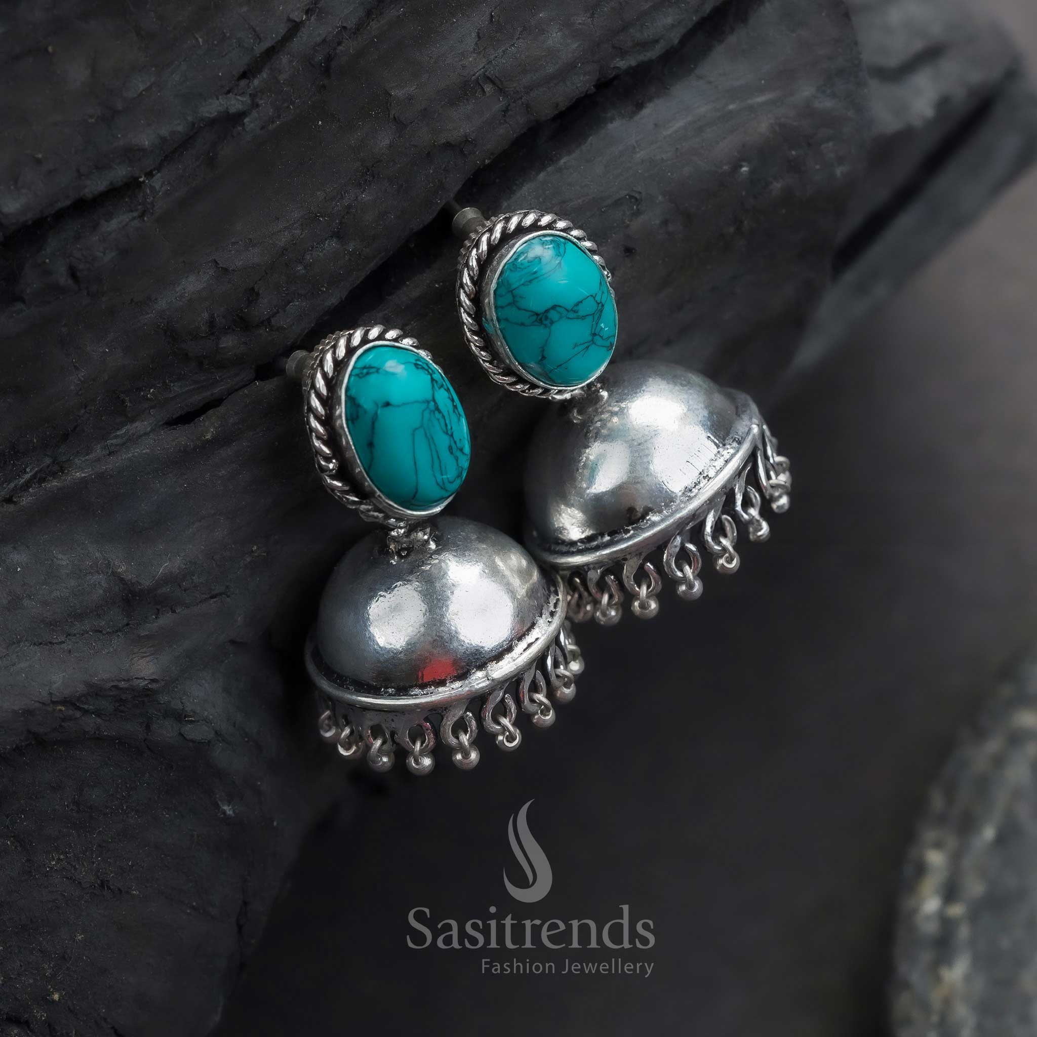 Trendy Traditional Oxidised Silver Jhumka Earrings with Oval Monalisa Stones | Sasitrends - Image 8