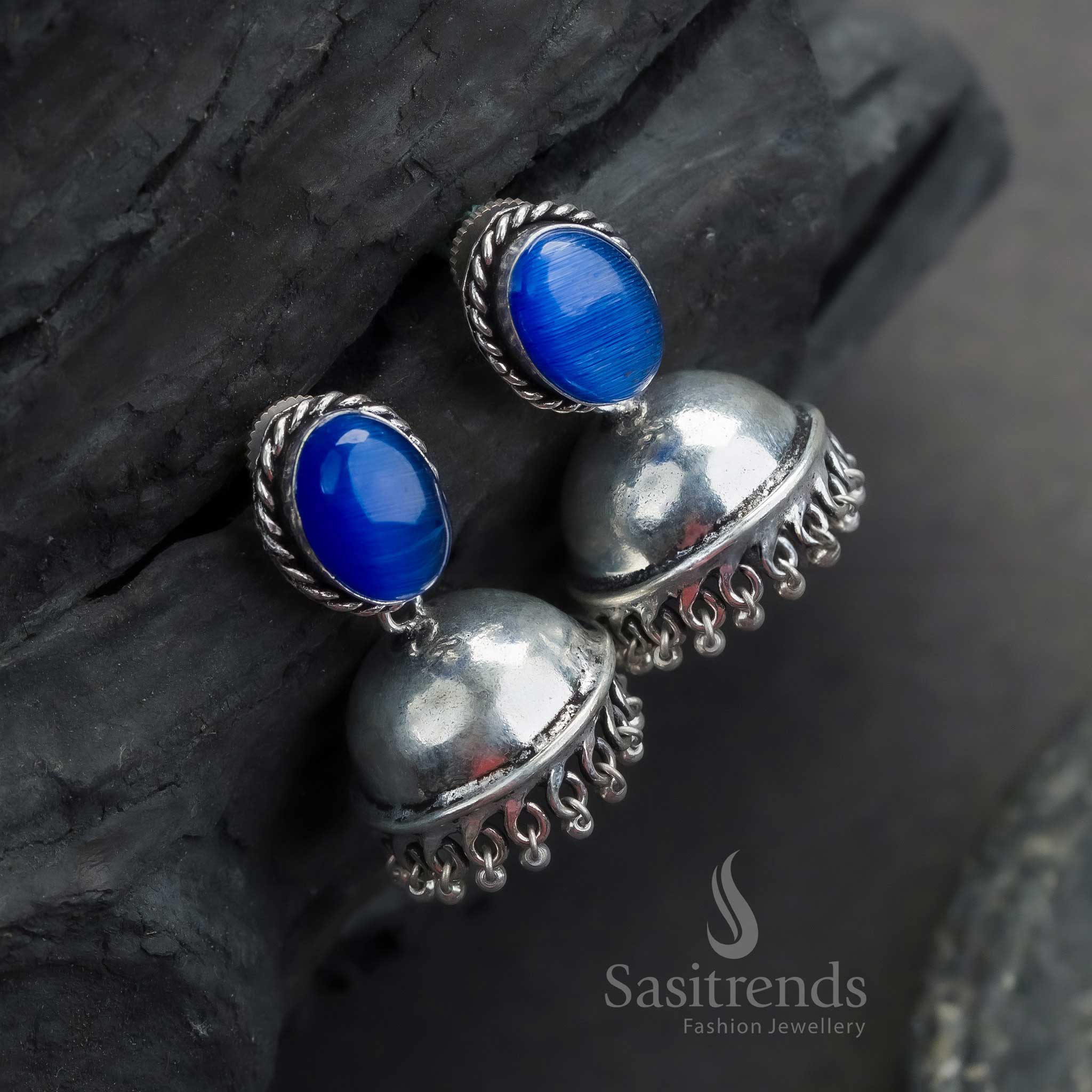 Trendy Traditional Oxidised Silver Jhumka Earrings with Oval Monalisa Stones | Sasitrends - Image 9