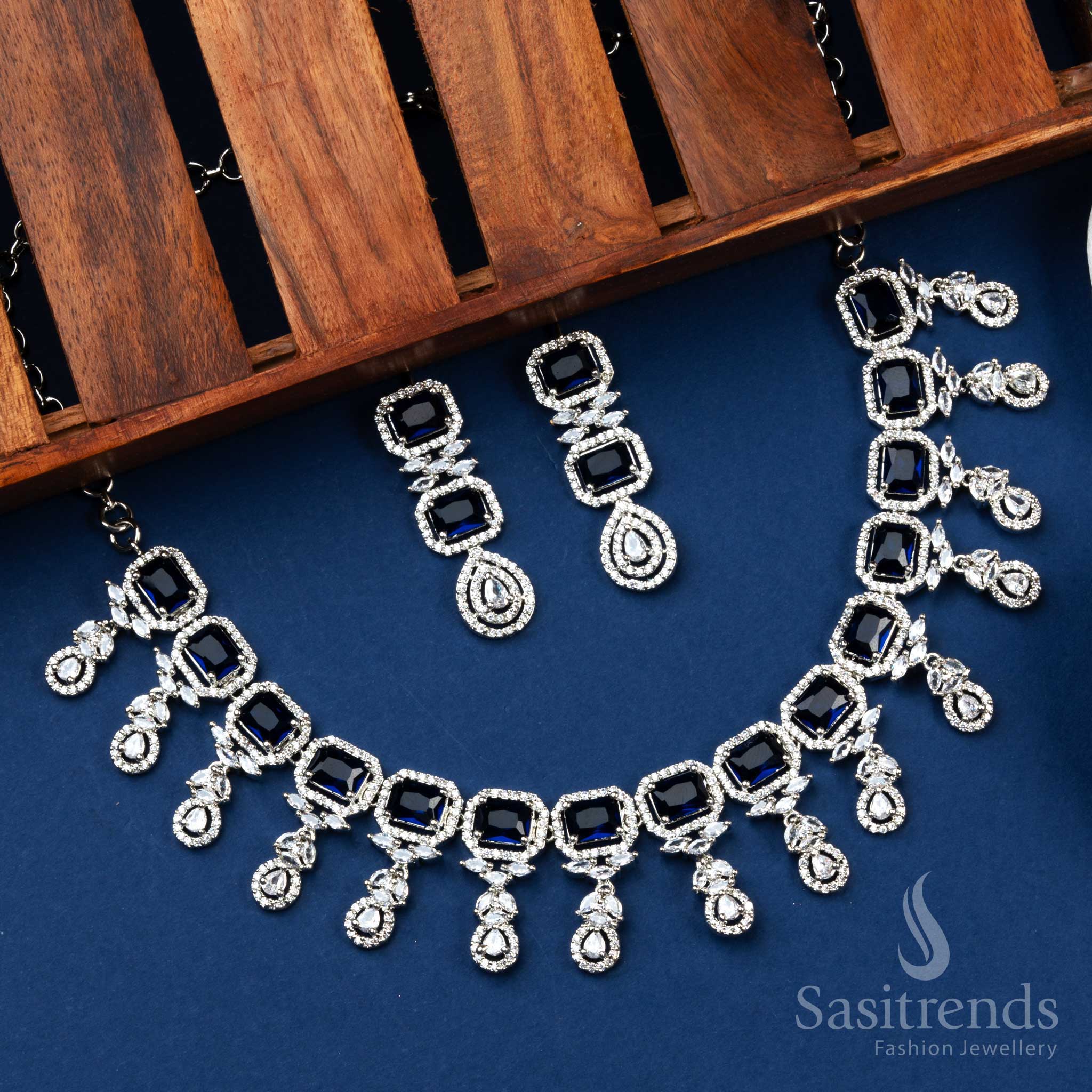 Party-Wear Rhodium Silver Plated American Diamond Necklace Jewellery Set with Stunning Floral Design for Engagement | Sasitrends - Image 5