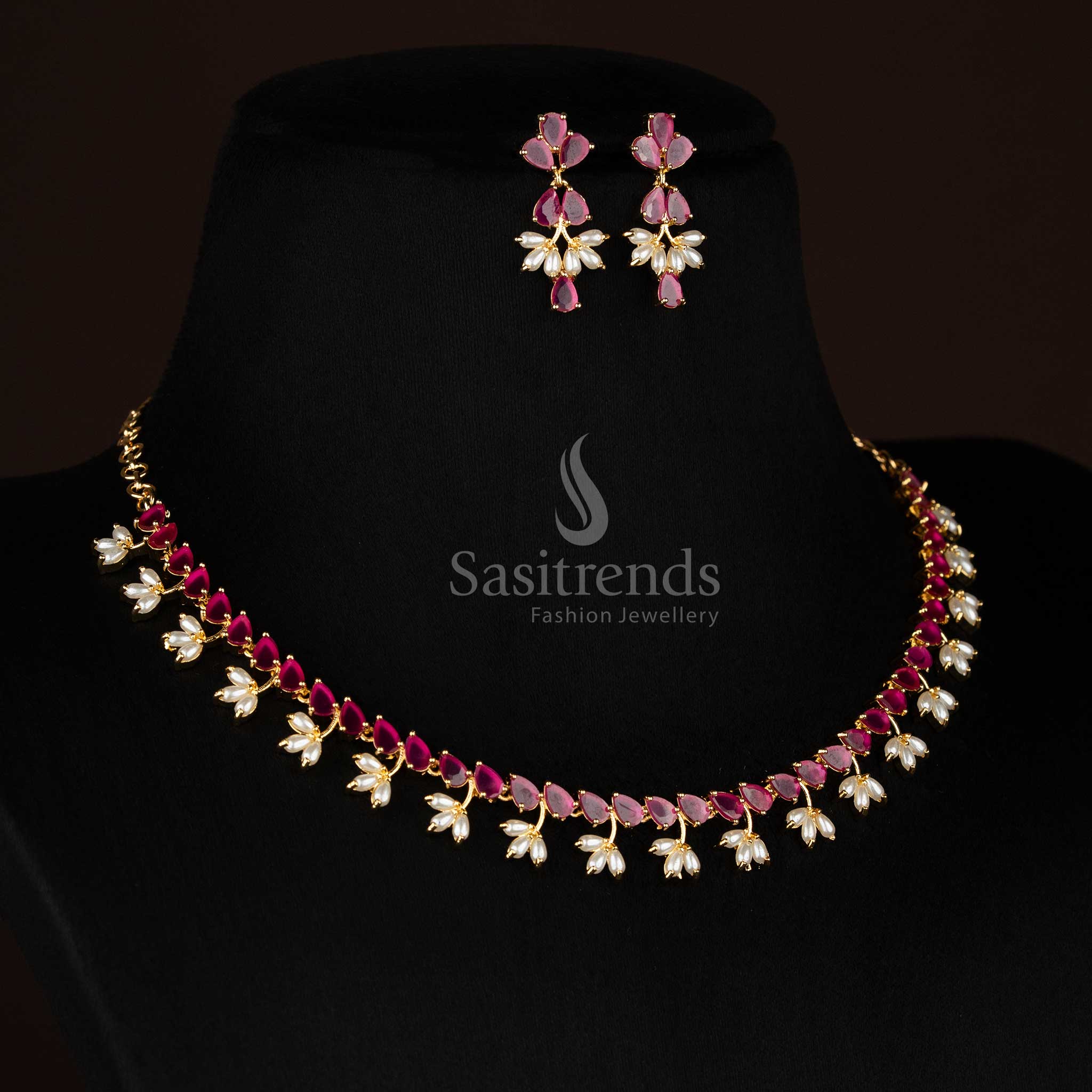 Eye Catching 24k Micro Gold Plated American Diamond and Pearl Floral Link Necklace Jewellery Set | Leganga & Engagement Wear - Image 3