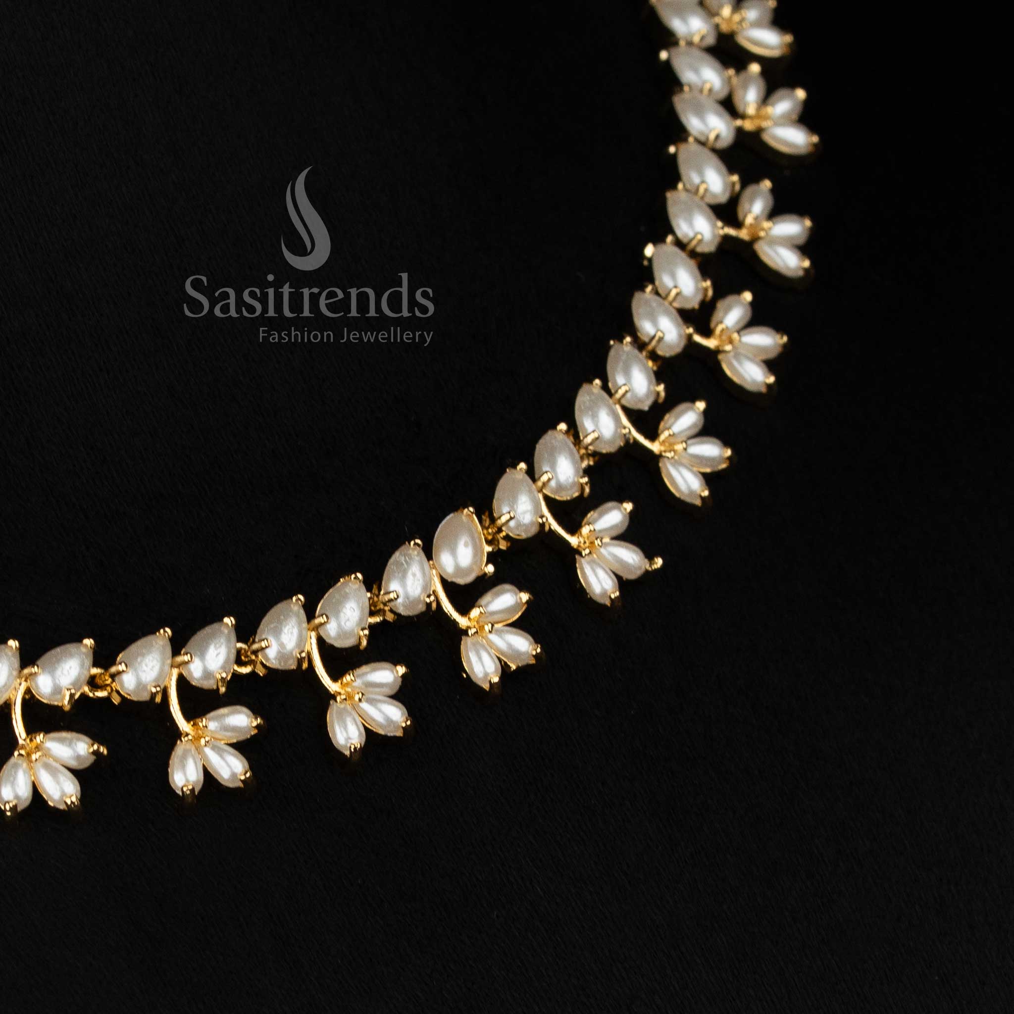 Eye Catching 24k Micro Gold Plated American Diamond and Pearl Floral Link Necklace Jewellery Set | Leganga & Engagement Wear - Image 4
