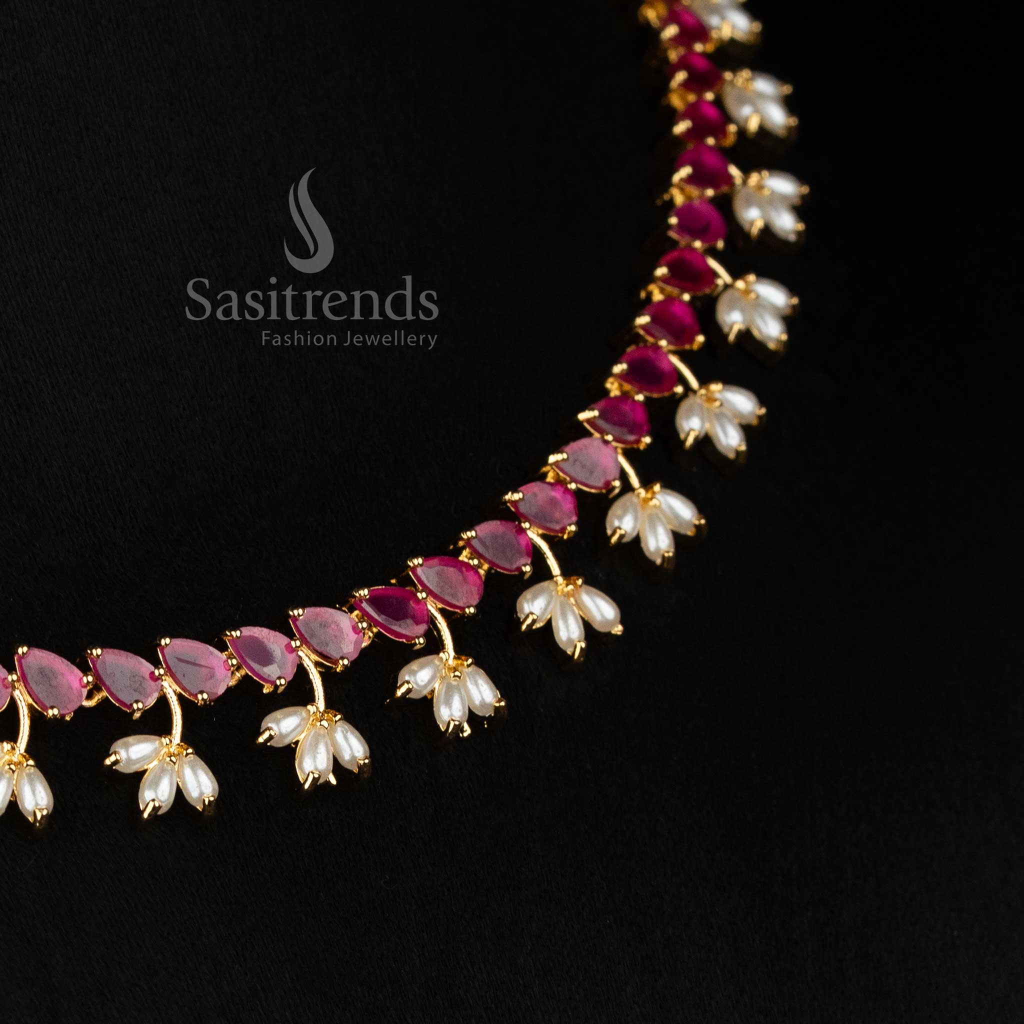 Eye Catching 24k Micro Gold Plated American Diamond and Pearl Floral Link Necklace Jewellery Set | Leganga & Engagement Wear - Image 6