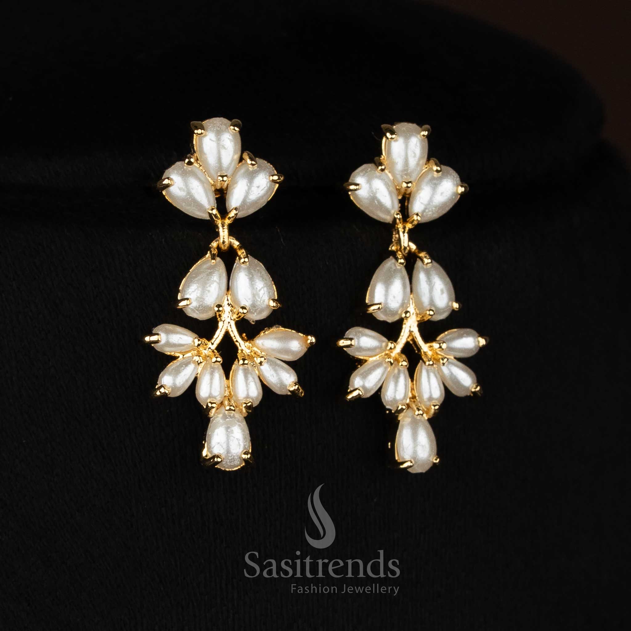 Eye Catching 24k Micro Gold Plated American Diamond and Pearl Floral Link Necklace Jewellery Set | Leganga & Engagement Wear - Image 7