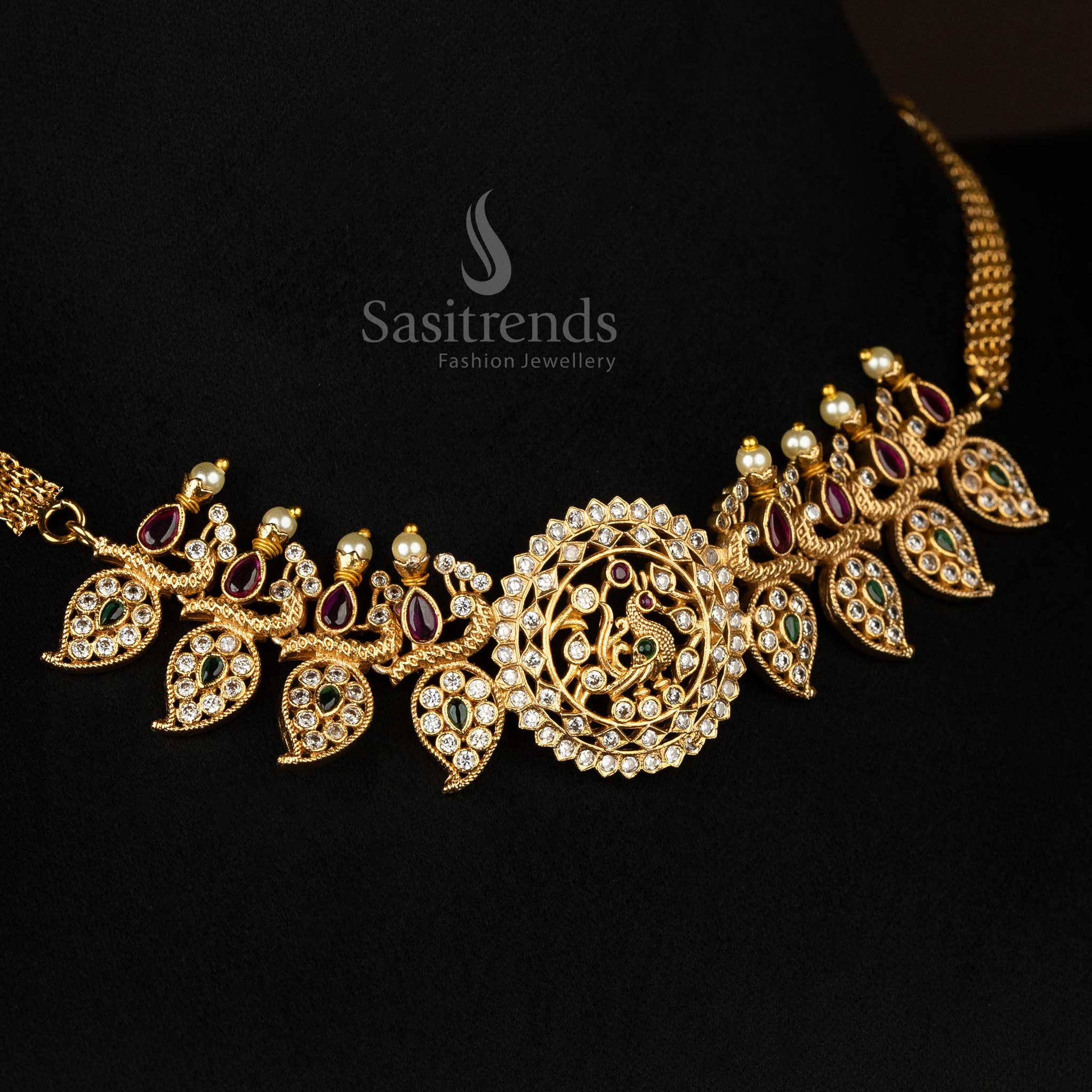 Stunning Peacock Choker Necklace Jewellery Set with AD Stones - Temple Matte Gold Tone Bridal Jewellery | Sasitrends - Image 3