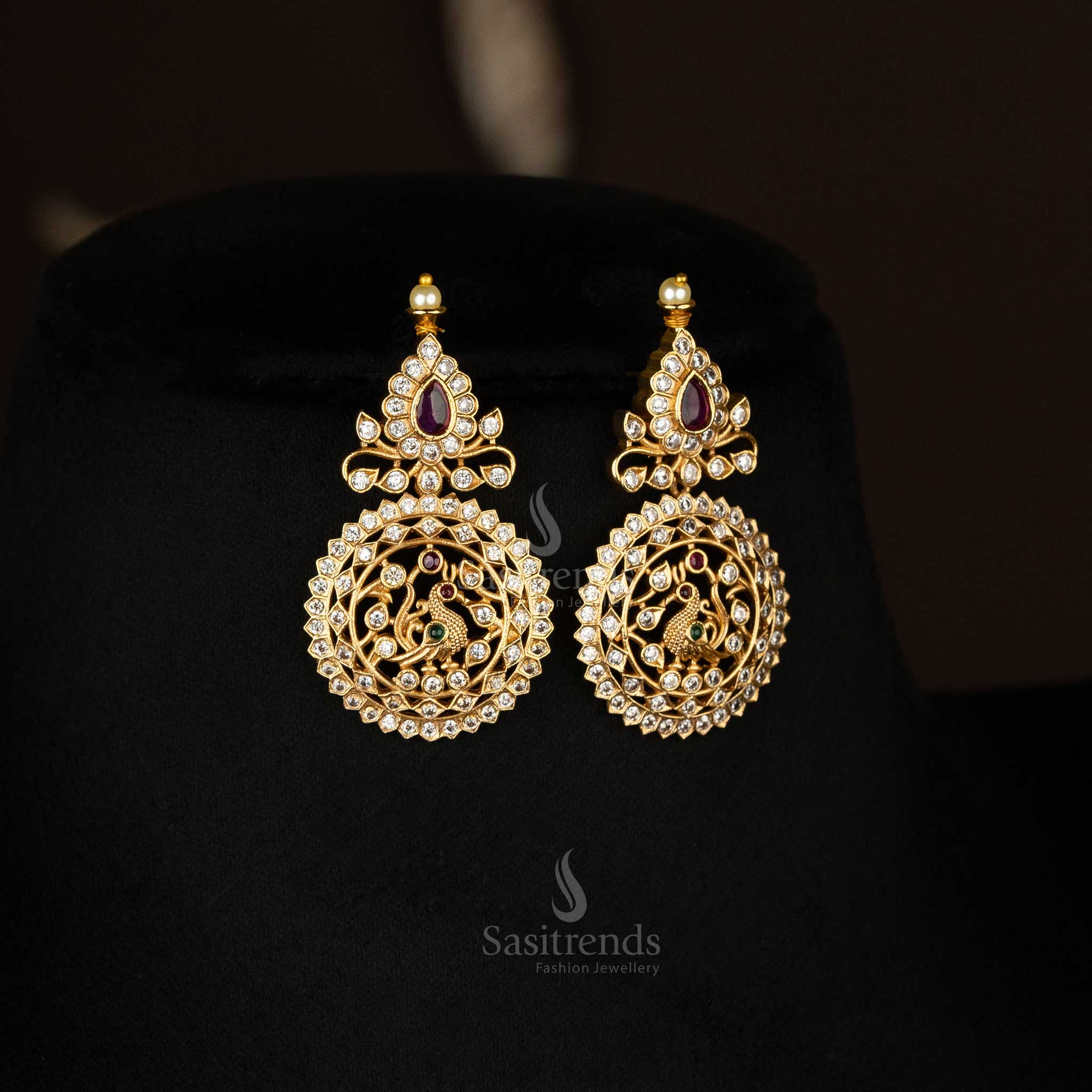 Stunning Peacock Choker Necklace Jewellery Set with AD Stones - Temple Matte Gold Tone Bridal Jewellery | Sasitrends - Image 4