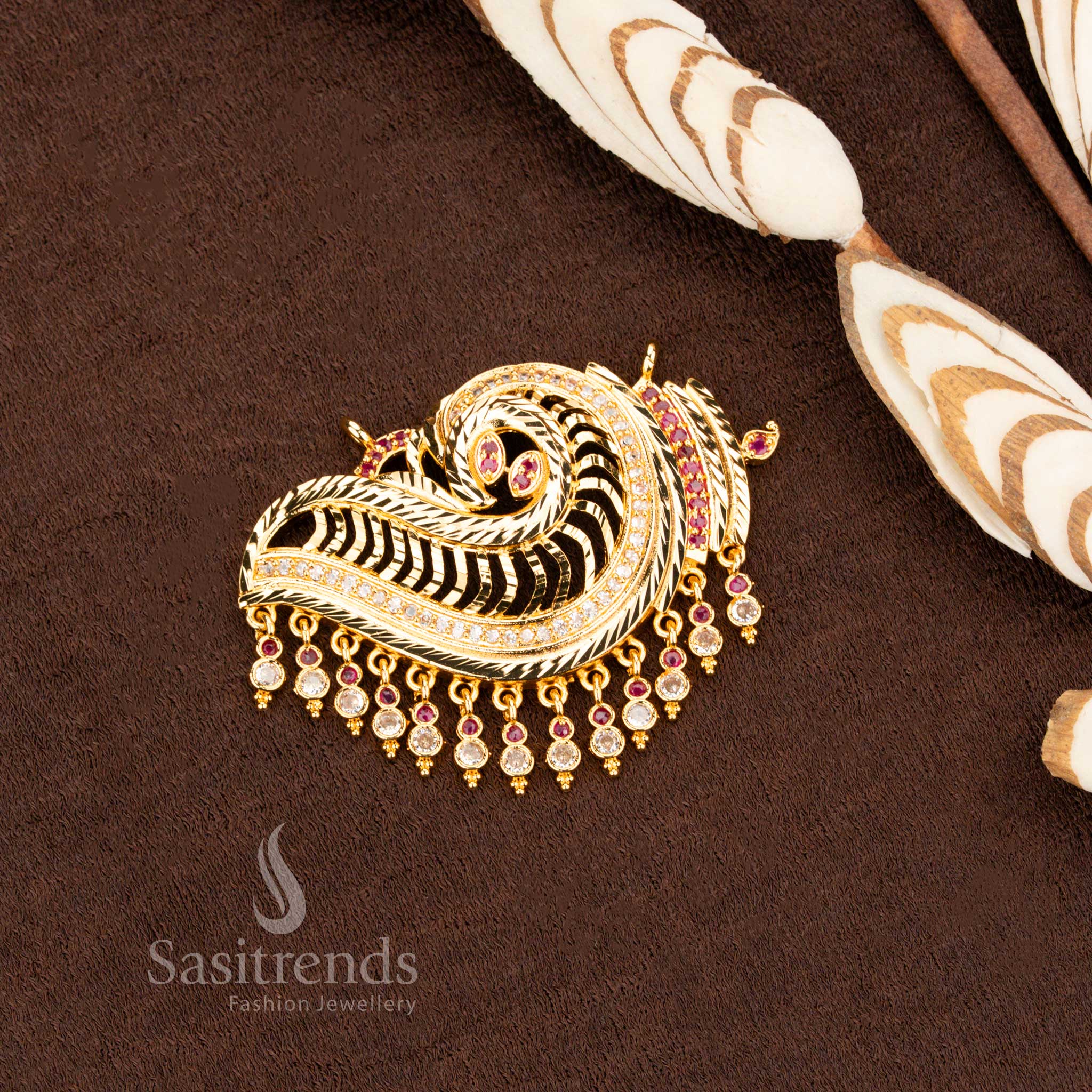 Elegant Premium Impon Addigai Micro Gold Plated Paisley Motif Pendant with AD Stones – Designer Mango Pattern, Traditional & Festive Wear, One Gram Gold, Look Like Real Gold - Sasitrends